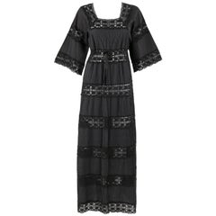 Vintage c.1960’s Black Pleated Crochet Knit Mexican Wedding Tie Waist Maxi Dress