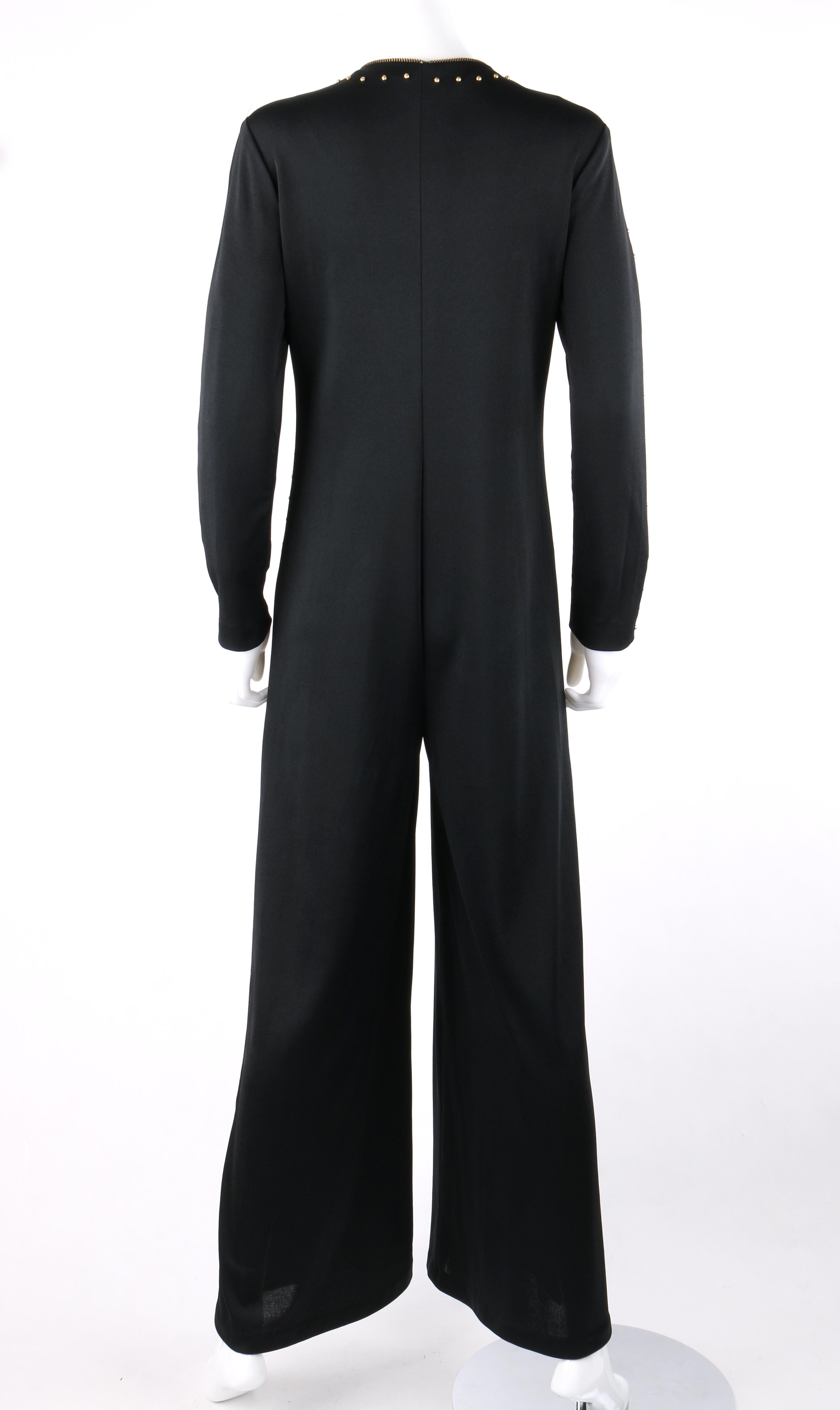 Women's c.1960’s - c.1970's Black Gold Metal Stud Embellished Wide Flare Pant Jumpsuit