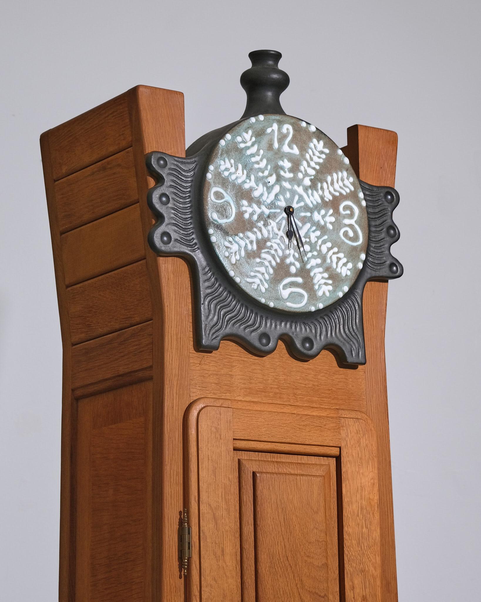 Mid-Century Modern c.1960s Guillerme et Chambron Longcase Clock With Glazed Ceramic Face For Sale