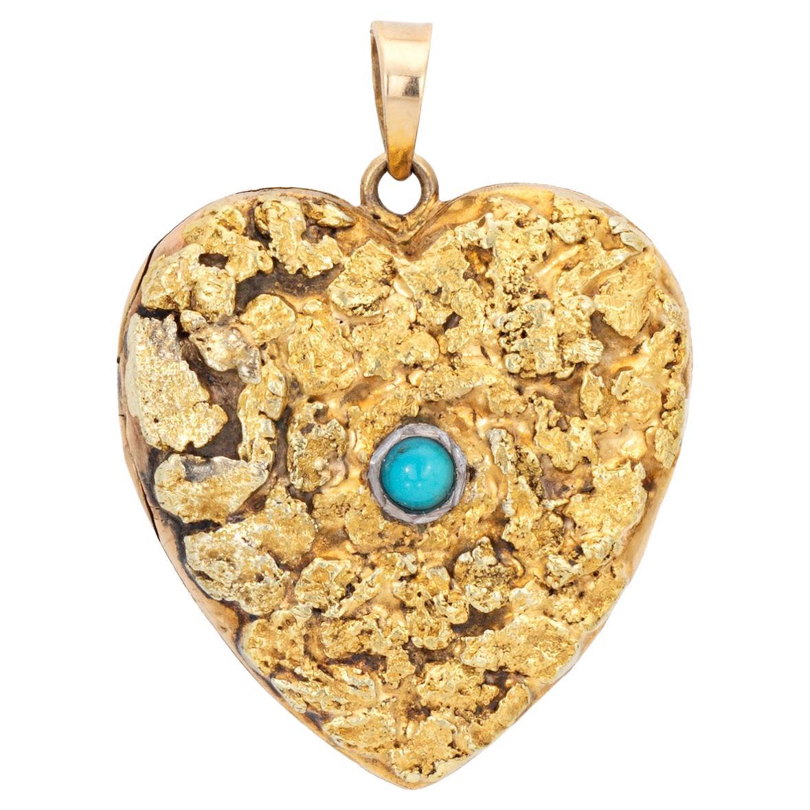 c1960s Heart Nugget Picture Locket Vintage 10k Gold Turquoise Pendant Jewelry