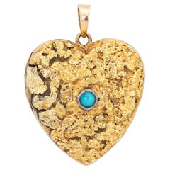 c1960s Heart Nugget Picture Locket Vintage 10k Gold Turquoise Pendant Jewelry