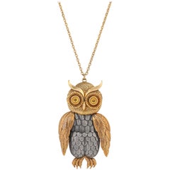 c.1960's Large Gold & Silver Horned Owl Articulated Pendant Statement Necklace