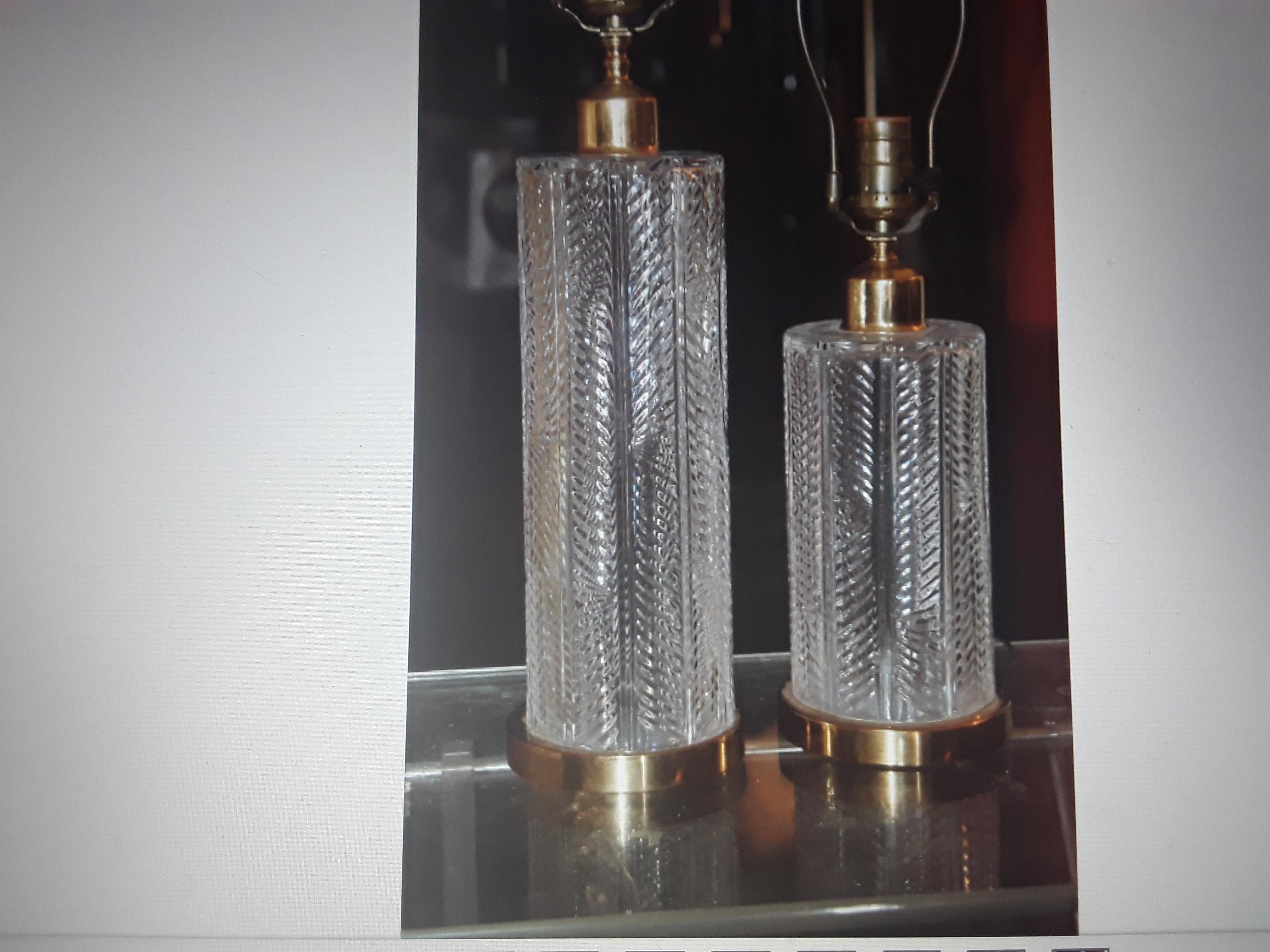 c1960s Mid Century Modern Waterford Crystal Herringbone Patern Table Lamps Set 2 For Sale 1