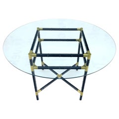 c1960's Unusual Faux Bamboo Brass & 47" Round Glass Top Dining Game Table