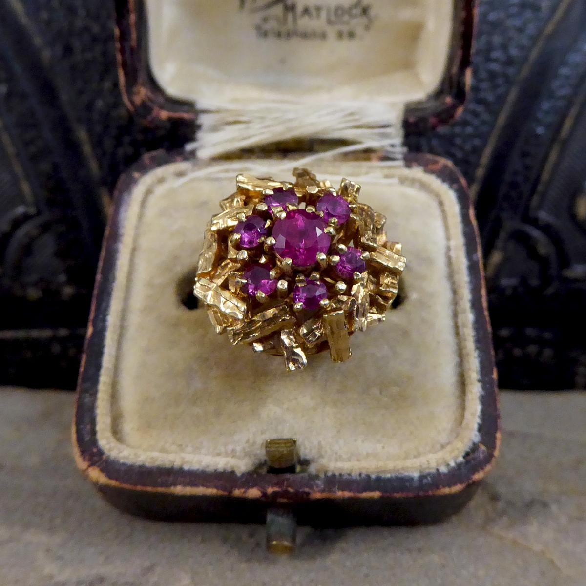 C1968 Ruby Cluster Bark Effect Cocktail Ring in 9ct Yellow Gold 4