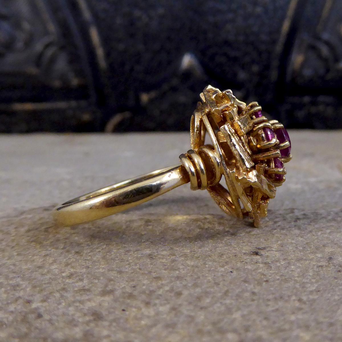 Retro C1968 Ruby Cluster Bark Effect Cocktail Ring in 9ct Yellow Gold