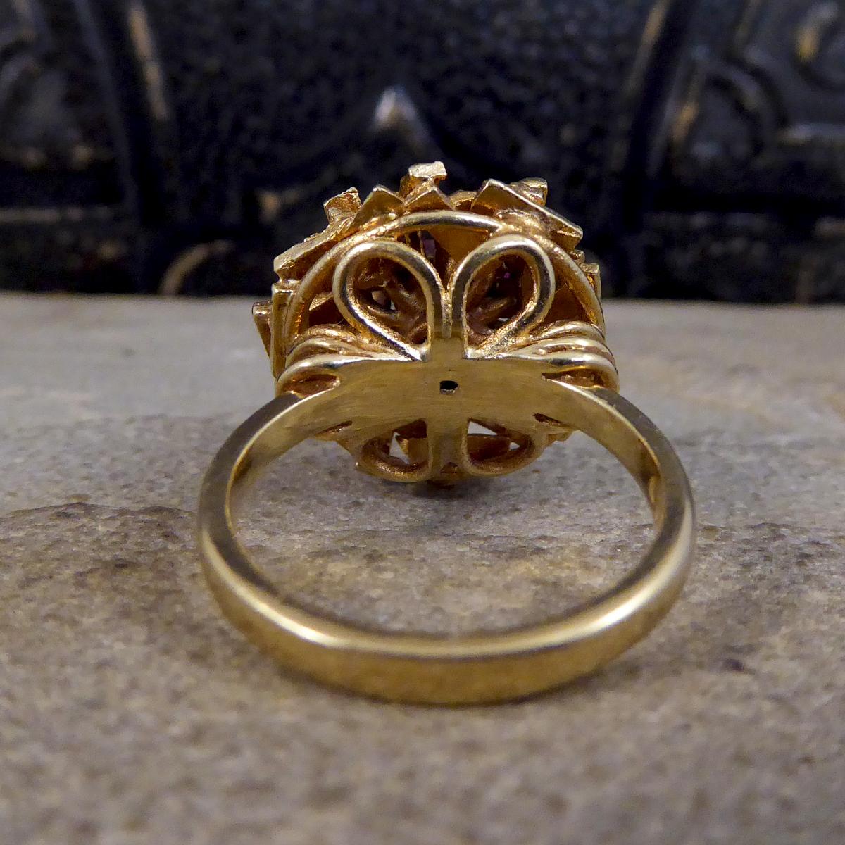Round Cut C1968 Ruby Cluster Bark Effect Cocktail Ring in 9ct Yellow Gold