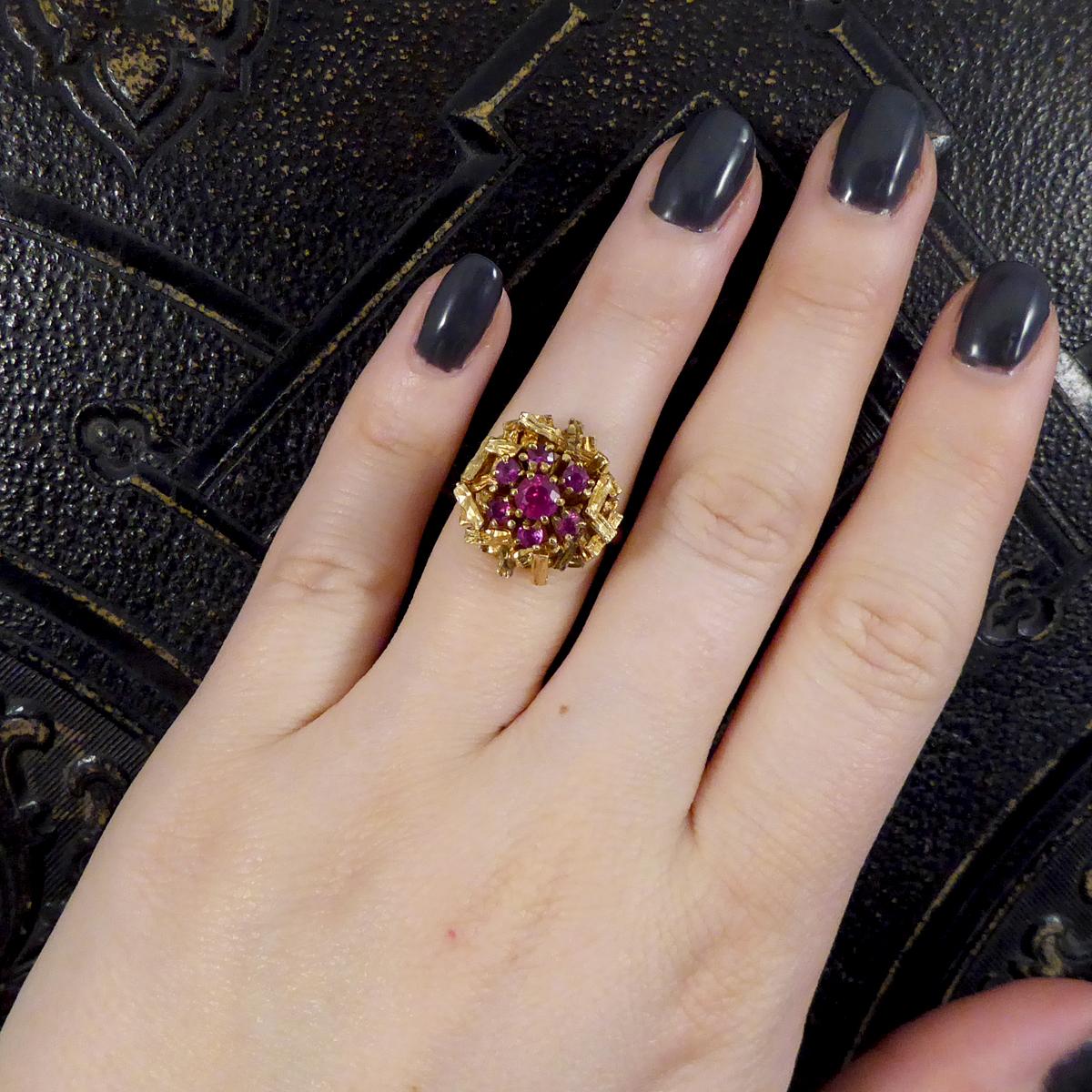 C1968 Ruby Cluster Bark Effect Cocktail Ring in 9ct Yellow Gold 1