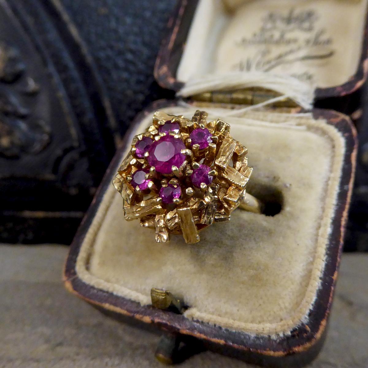 C1968 Ruby Cluster Bark Effect Cocktail Ring in 9ct Yellow Gold 2