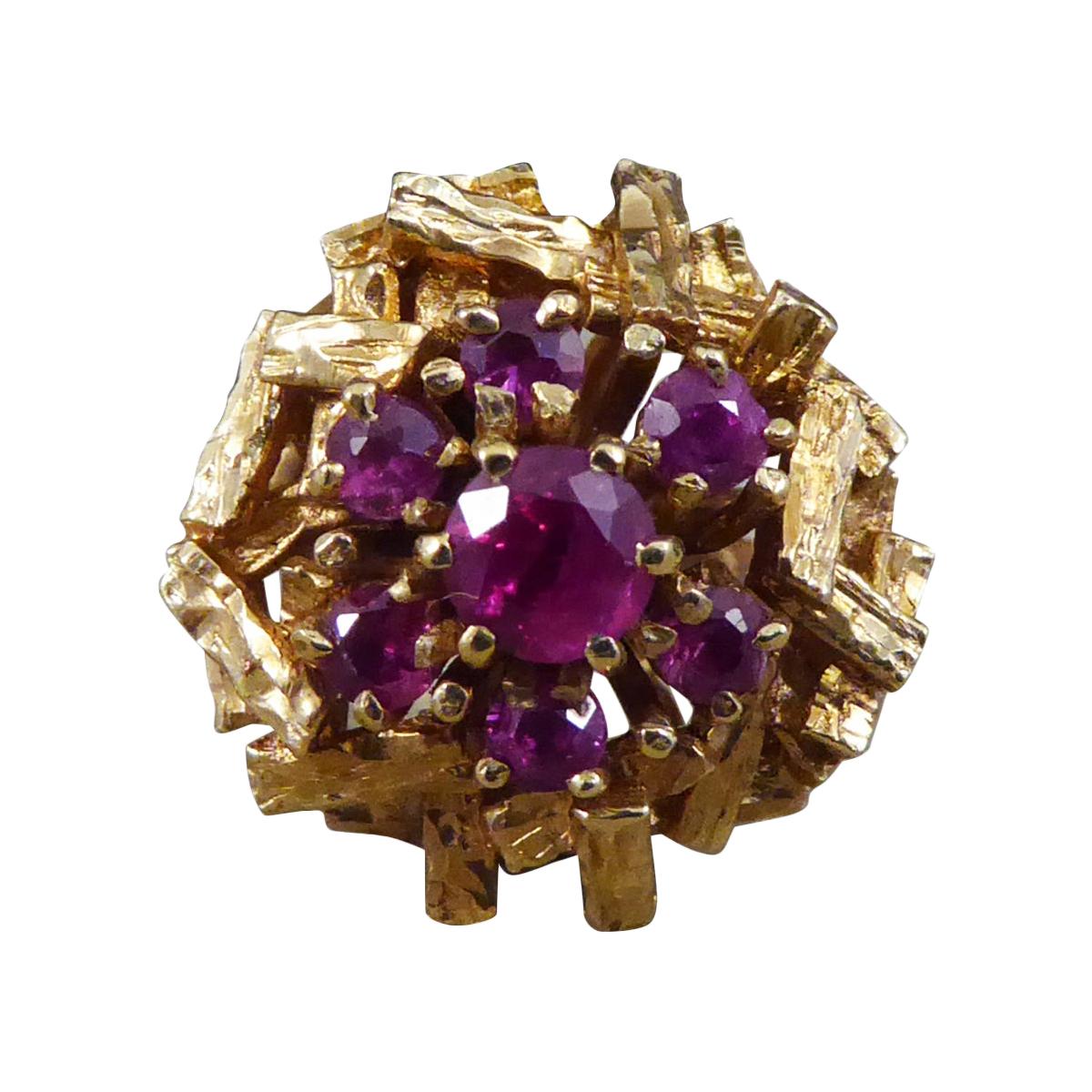 C1968 Ruby Cluster Bark Effect Cocktail Ring in 9ct Yellow Gold