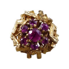 C1968 Ruby Cluster Bark Effect Cocktail Ring in 9ct Yellow Gold