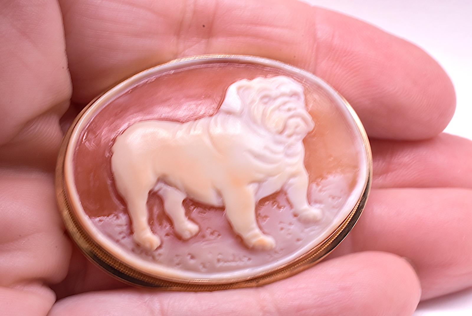 From Italy, we offer this impeccable brooch with a carving of the English bulldog.  The brooch is artfully hand carved and framed in a polished 9K bezel.  The gold bezel has an Italian hallmark with a 375 purity mark for 9K gold and a lozenge with