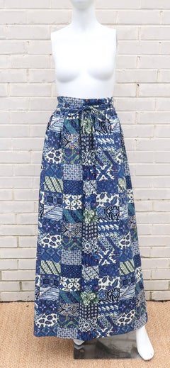 C.1970 Blue & White Batik Inspired Cotton Maxi Skirt