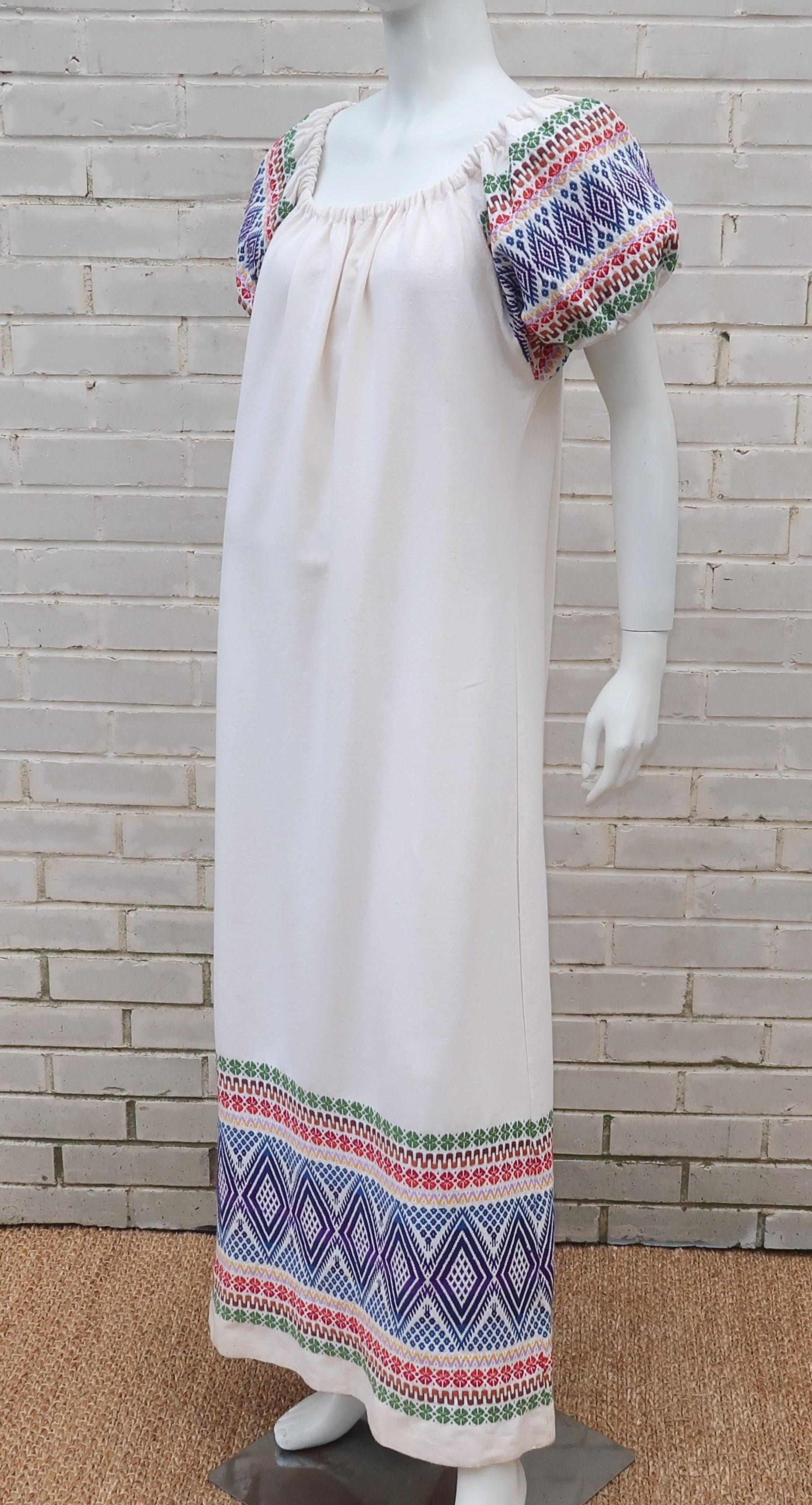 C.1970 Boho Maxi Smock Dress With Colorful Design 3