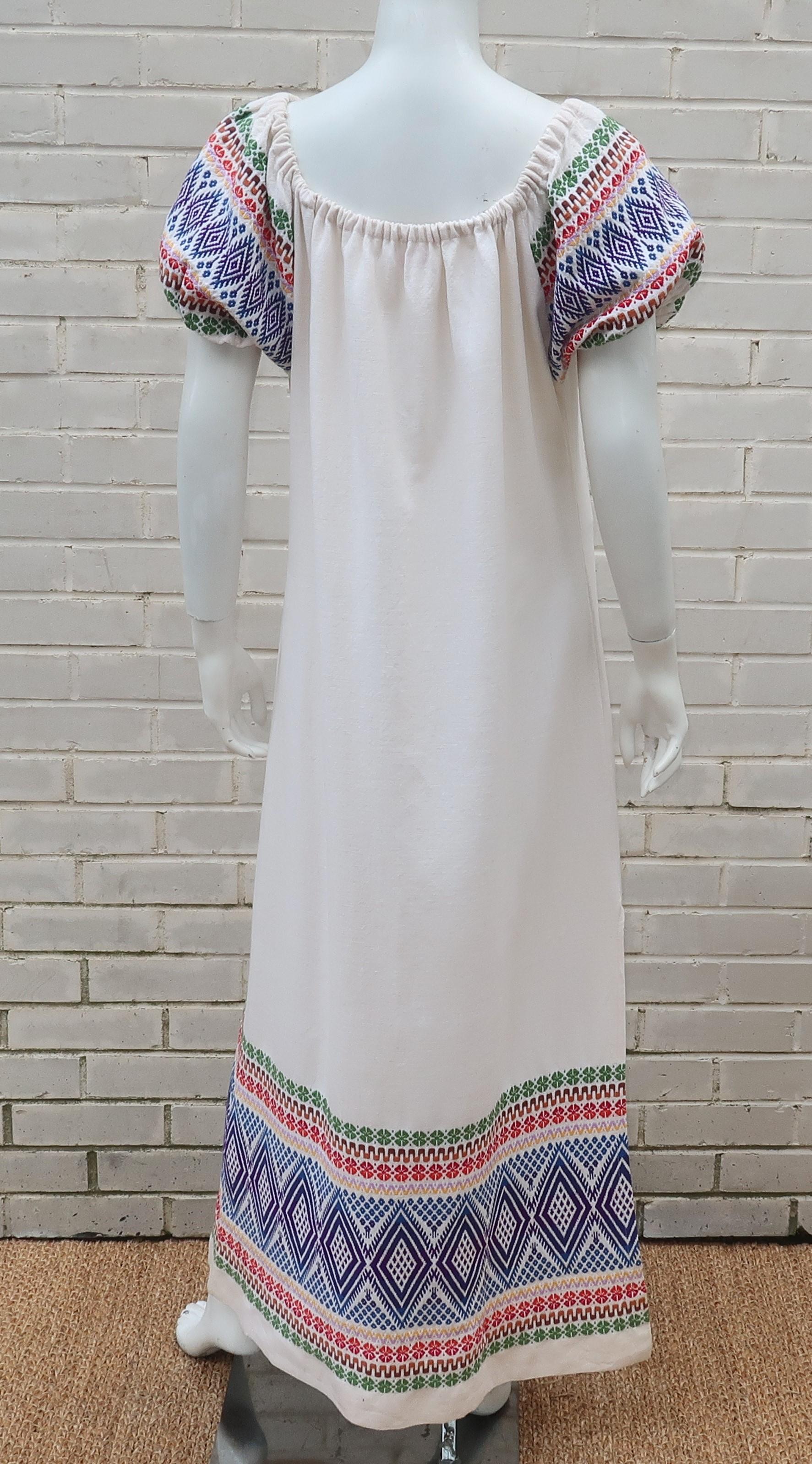 C.1970 Boho Maxi Smock Dress With Colorful Design 4