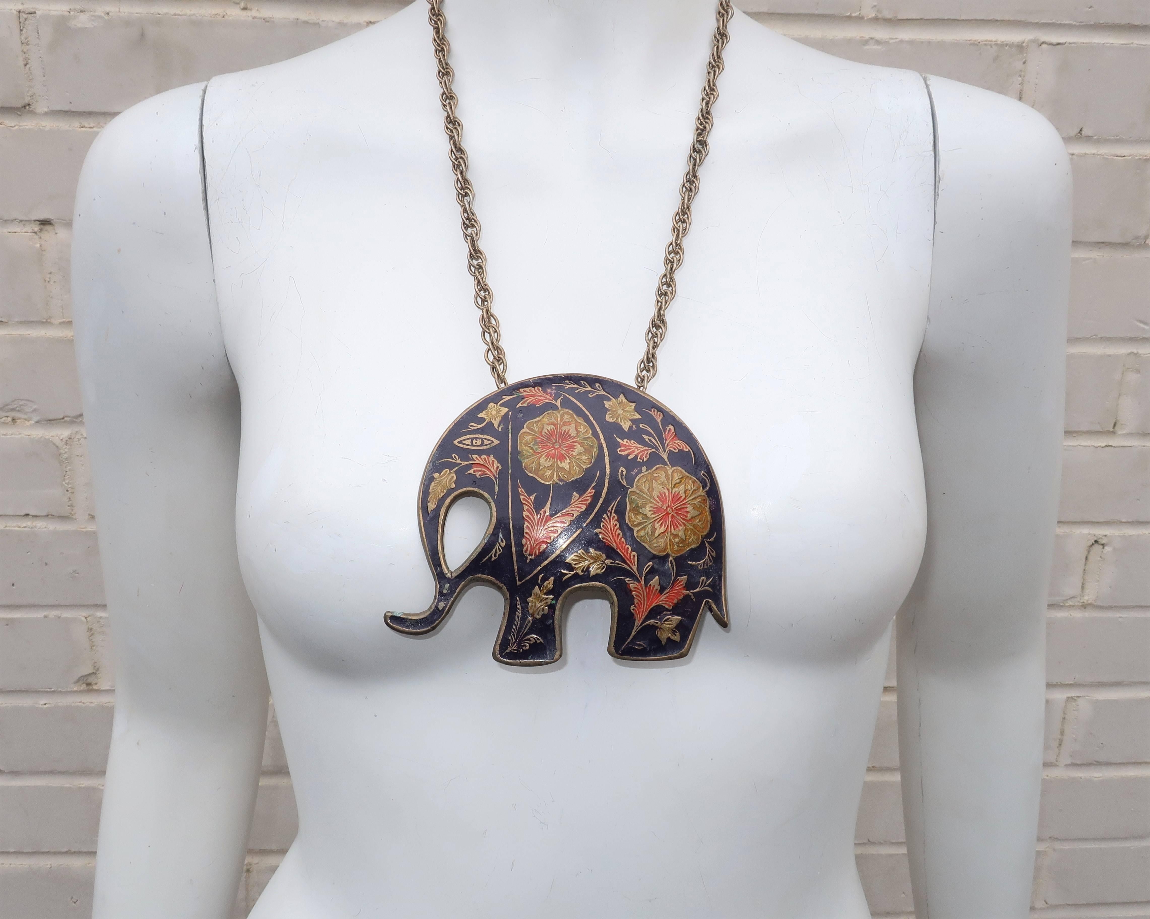 Anglo-Indian C.1970 Enamel Brass Elephant Medallion Necklace
