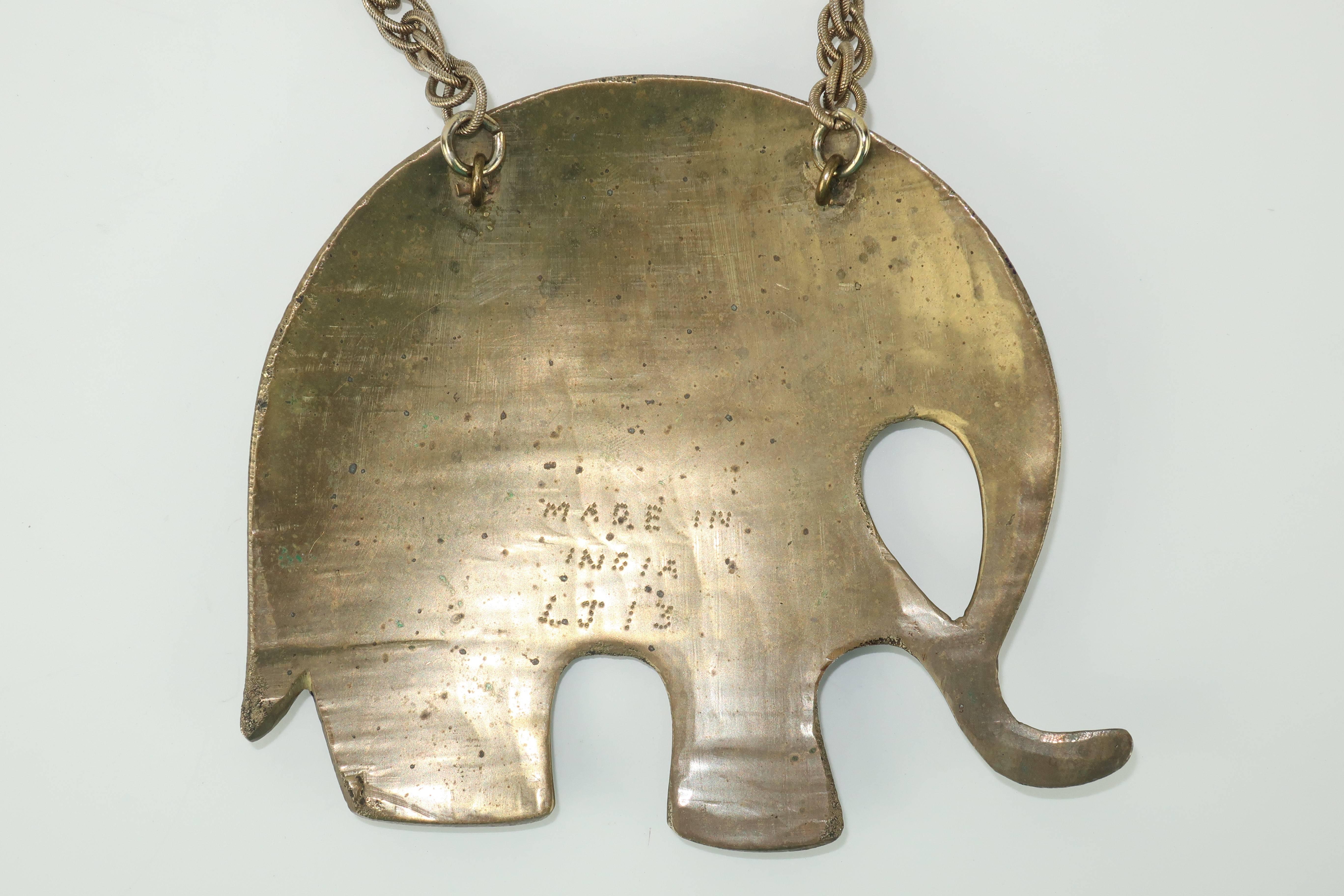 C.1970 Enamel Brass Elephant Medallion Necklace 1