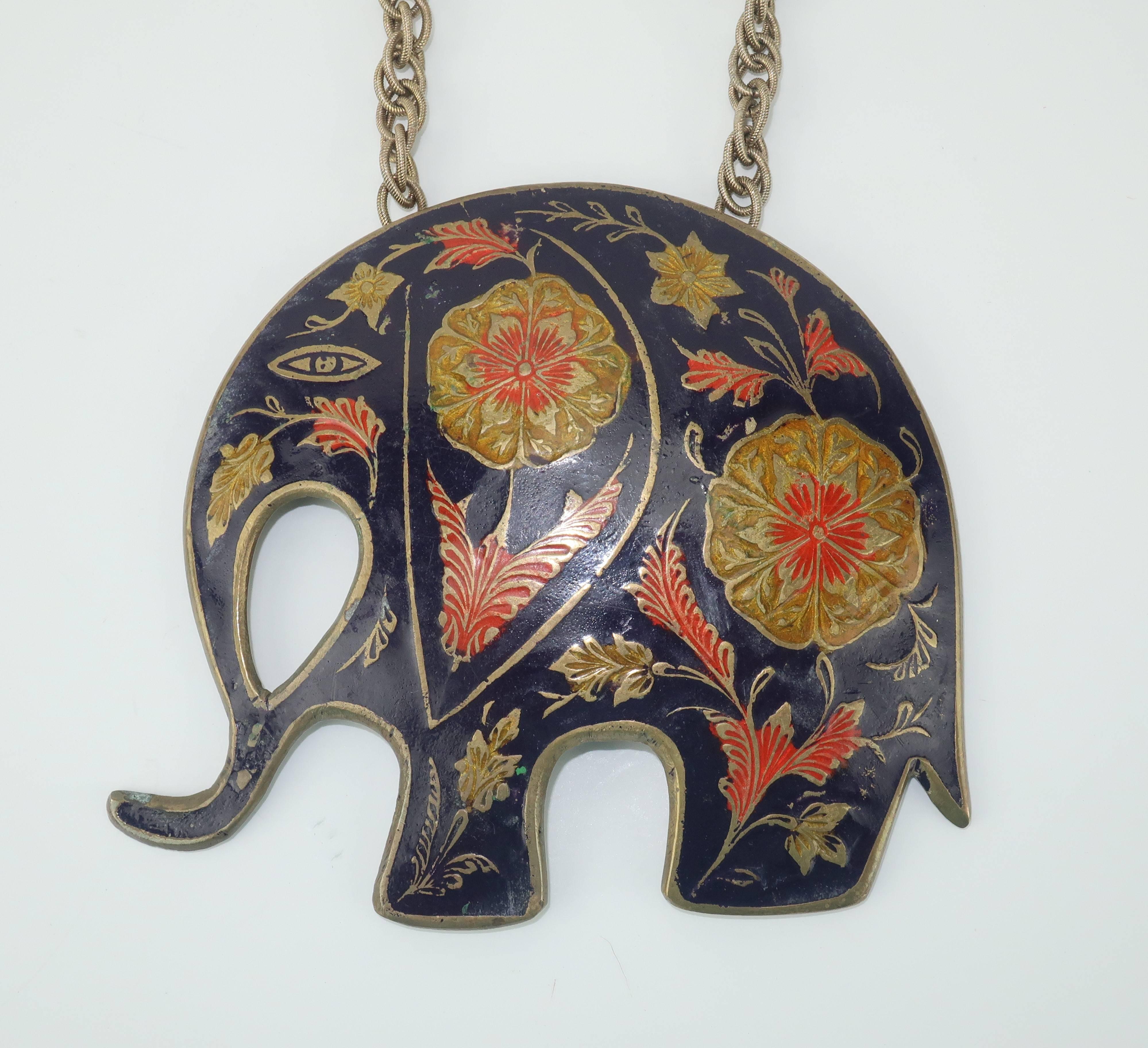 C.1970 Enamel Brass Elephant Medallion Necklace 2