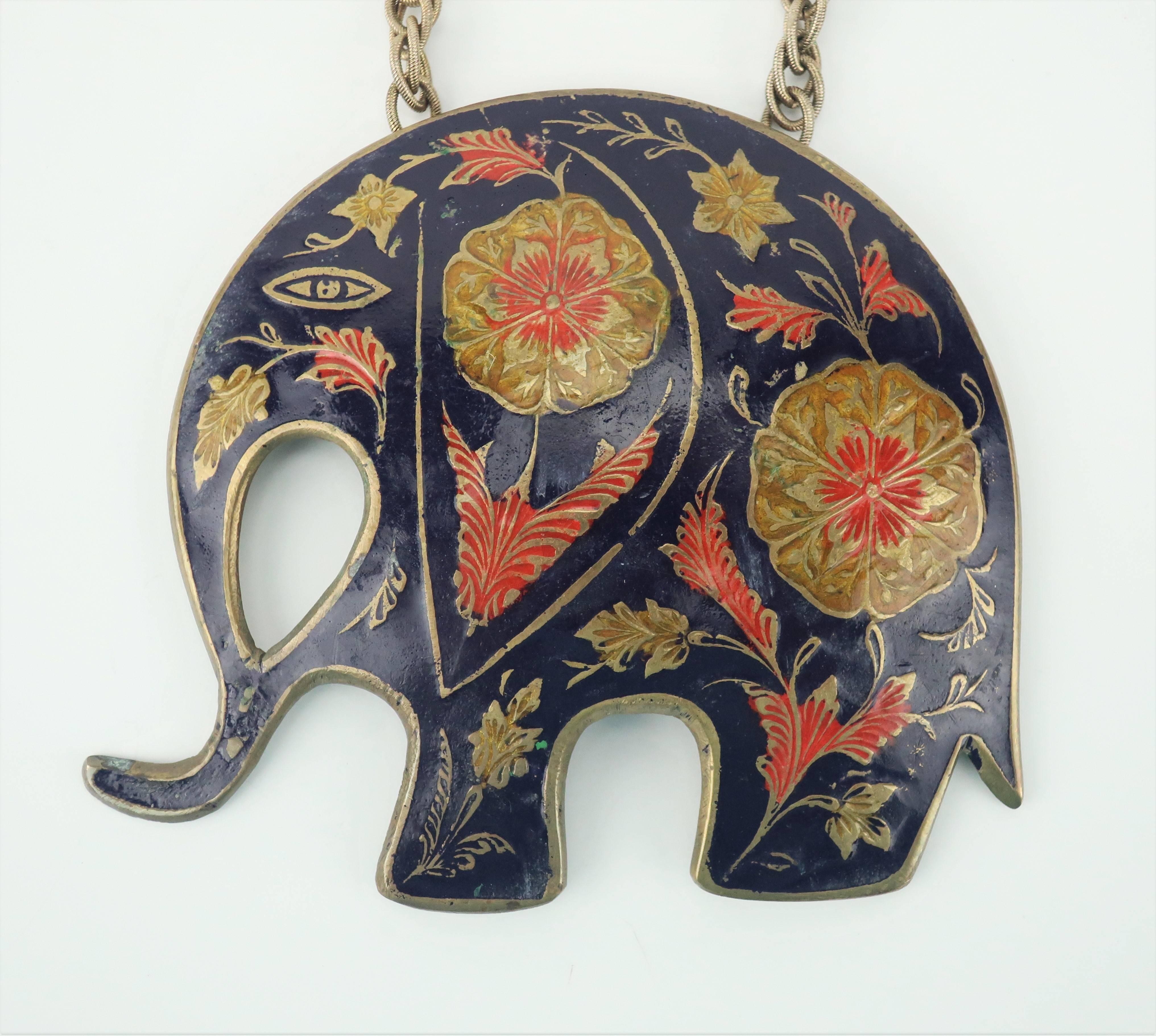 C.1970 Enamel Brass Elephant Medallion Necklace 3
