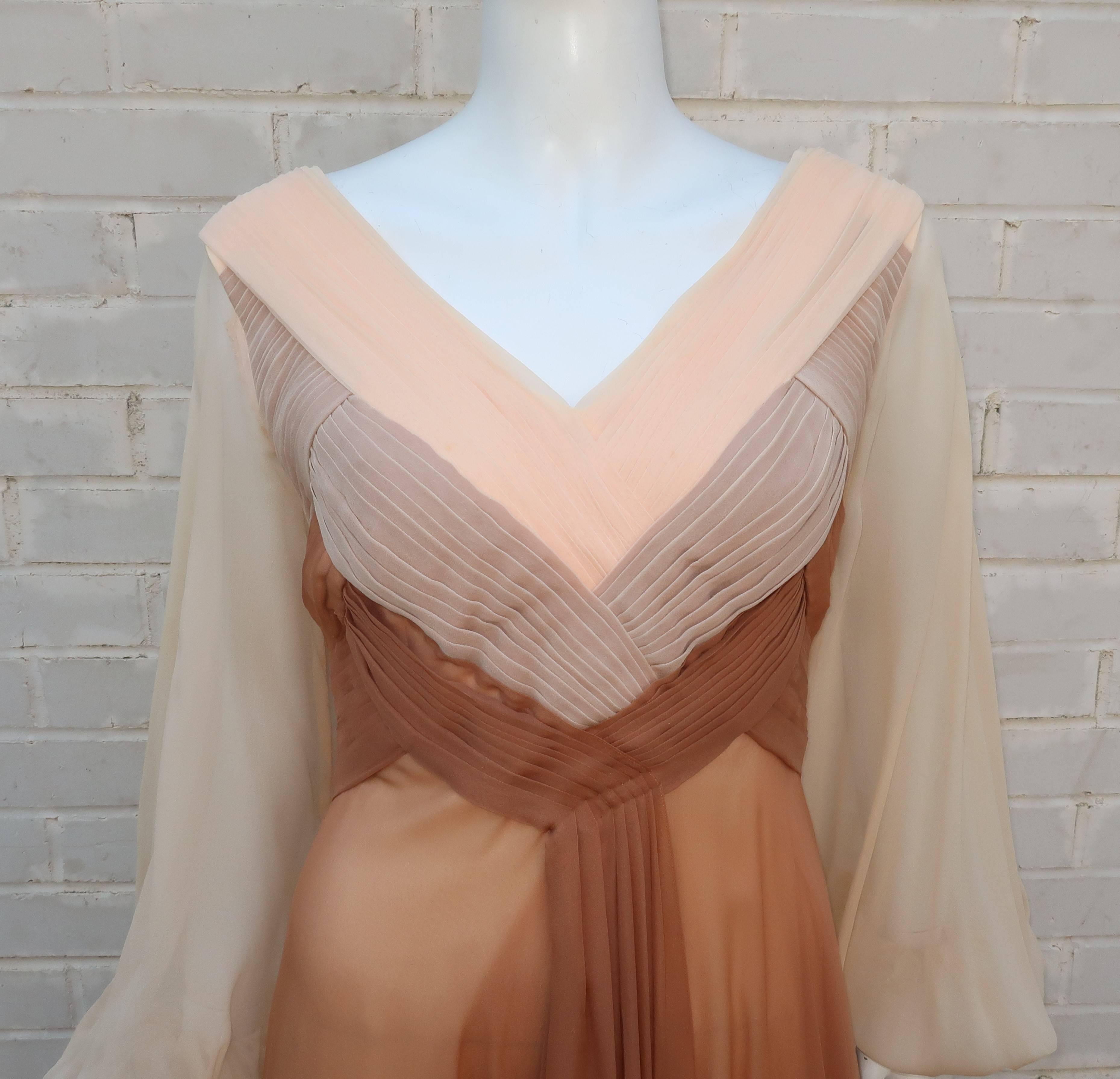 Brown C.1970 Richilene Silk Chiffon Goddess Evening Dress