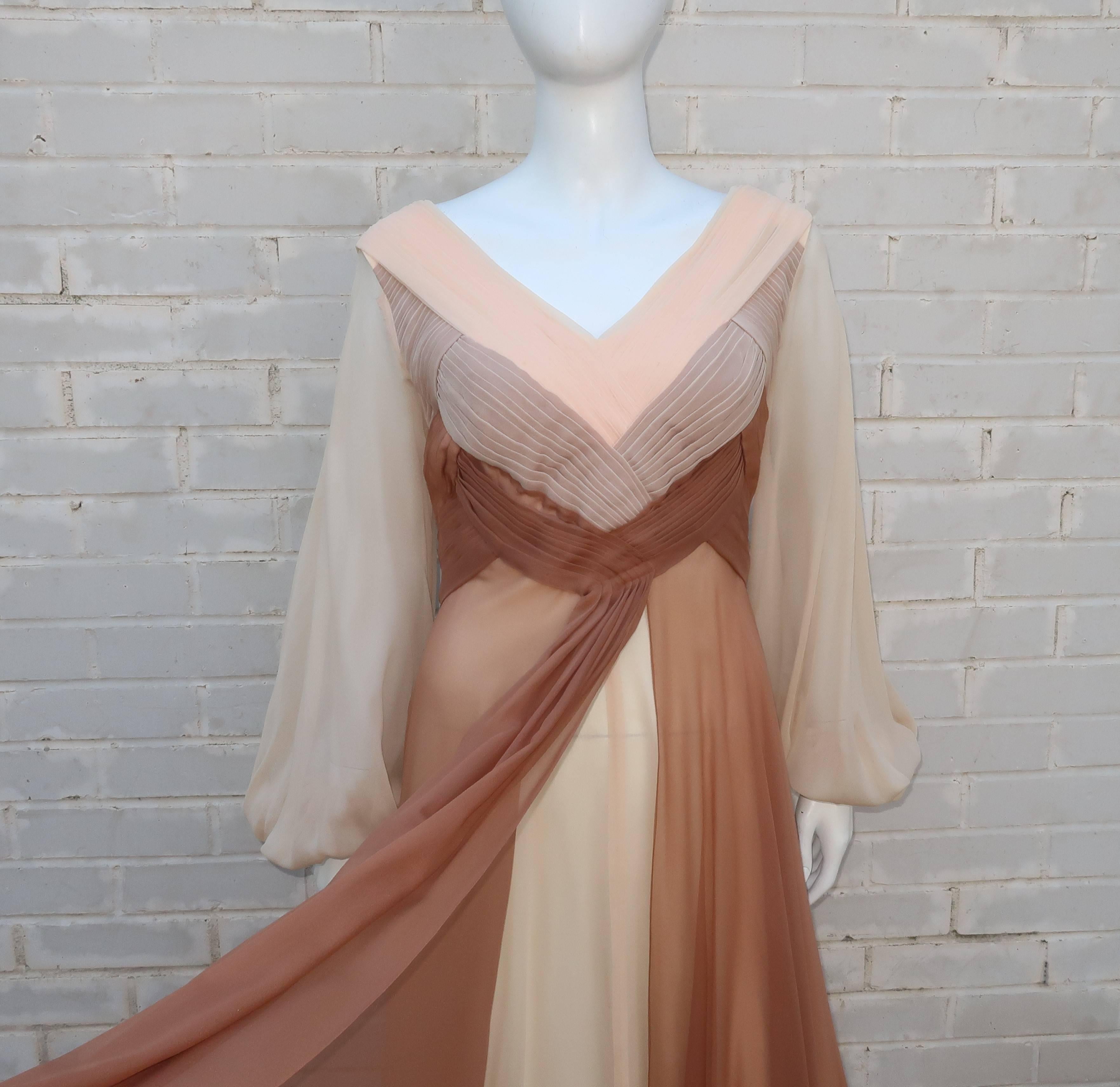 C.1970 Richilene Silk Chiffon Goddess Evening Dress In Excellent Condition In Atlanta, GA
