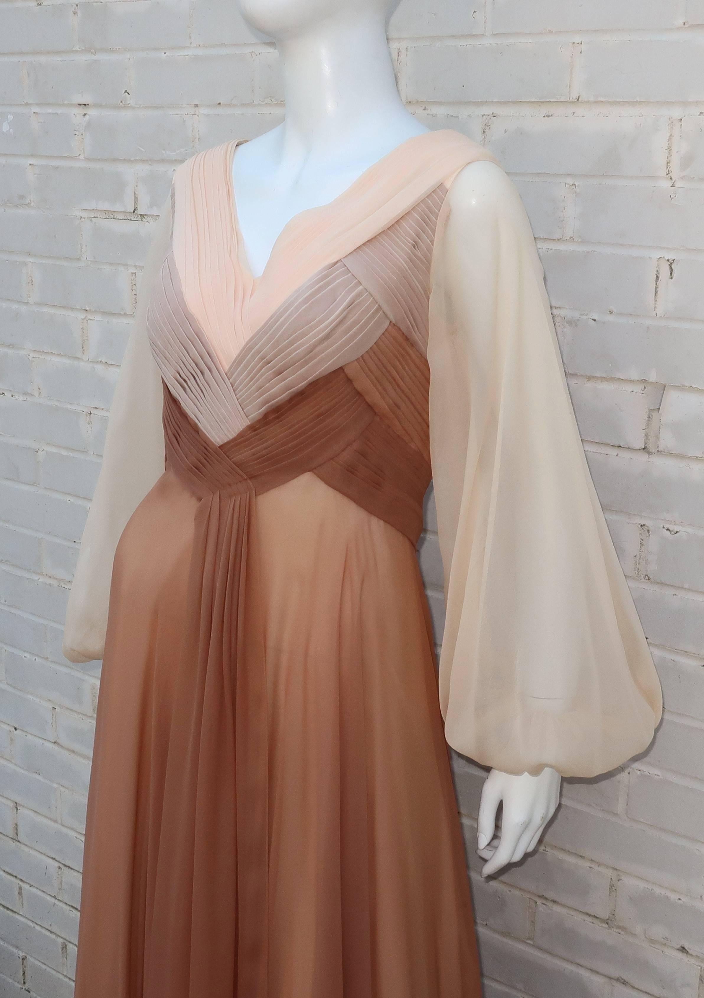 C.1970 Richilene Silk Chiffon Goddess Evening Dress 1