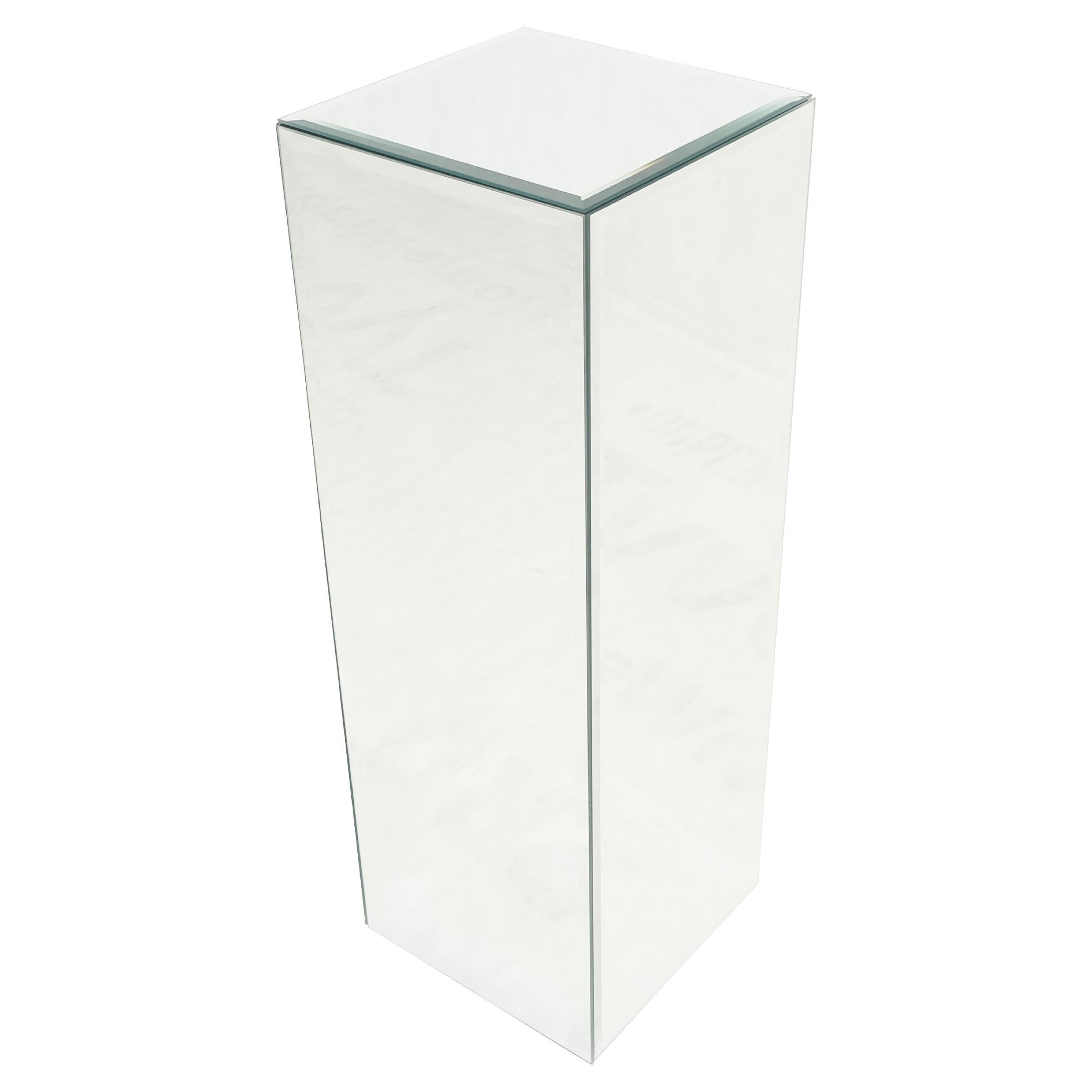 C1970s 12x12 Square 36" High Cube Shape Beveled Mirror Pedestal Table Stand MINT For Sale