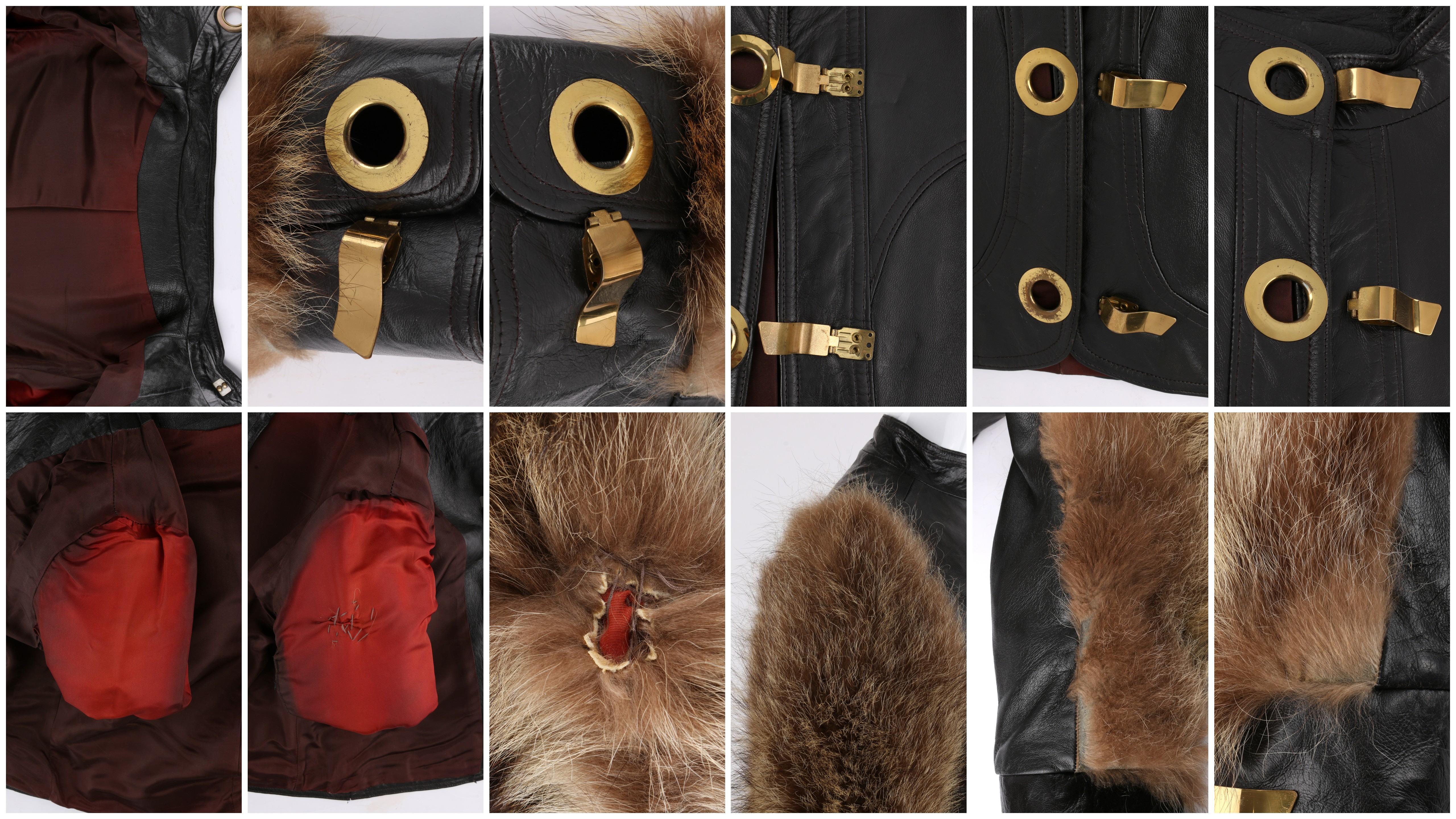 c.1970's 2 Piece Brown Leather Raccoon Fur Sleeve Jacket Pants Suit Set For Sale 3