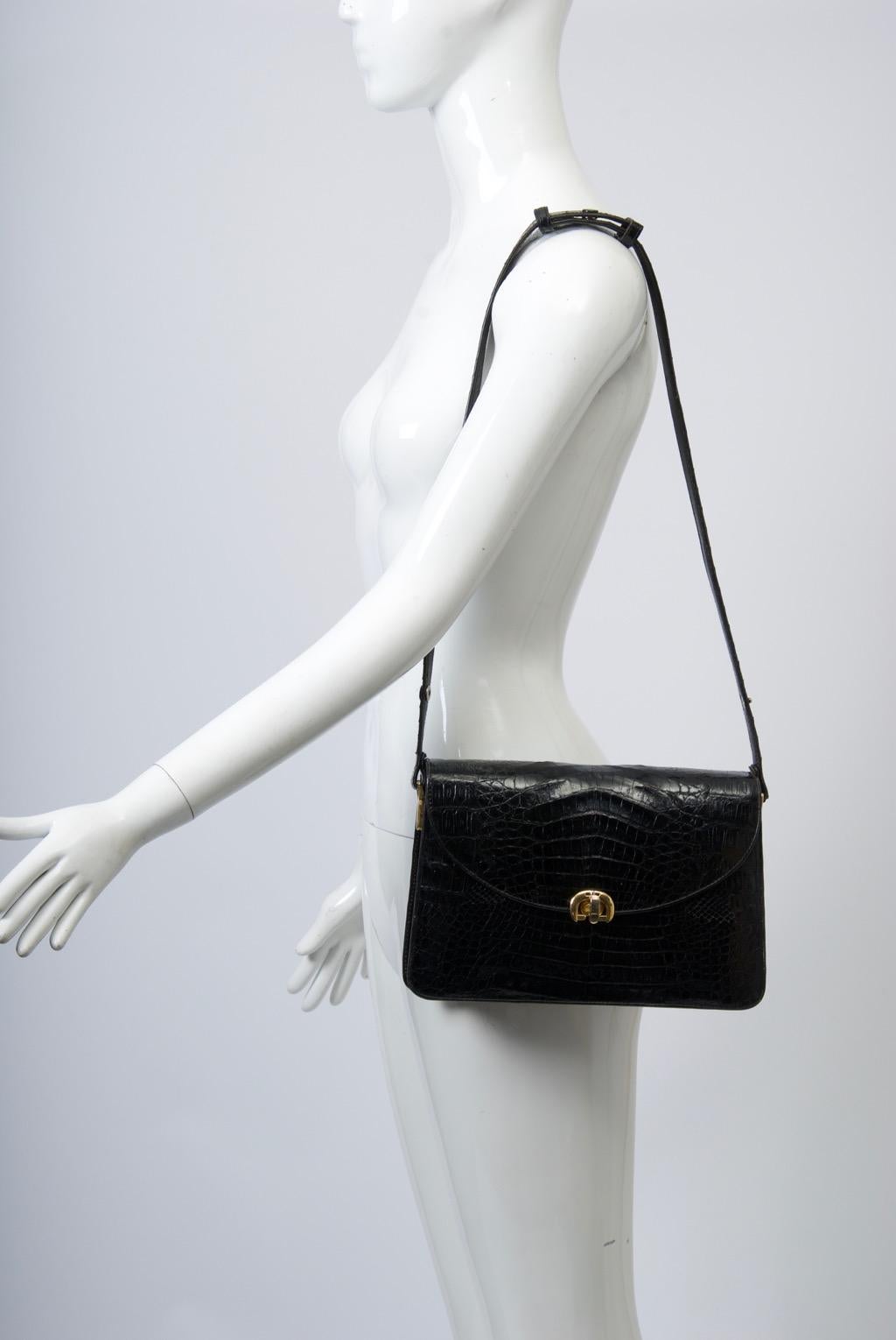 c.1970s Black Croc Convertible Shoulder Bag For Sale 8