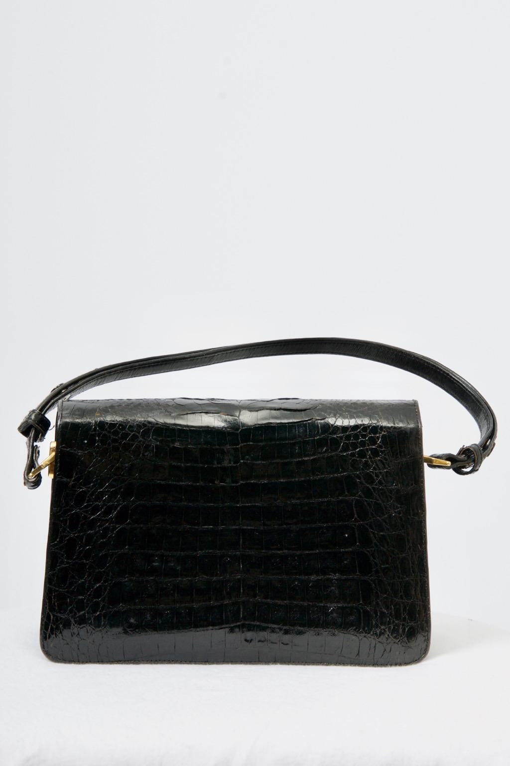 Women's c.1970s Black Croc Convertible Shoulder Bag