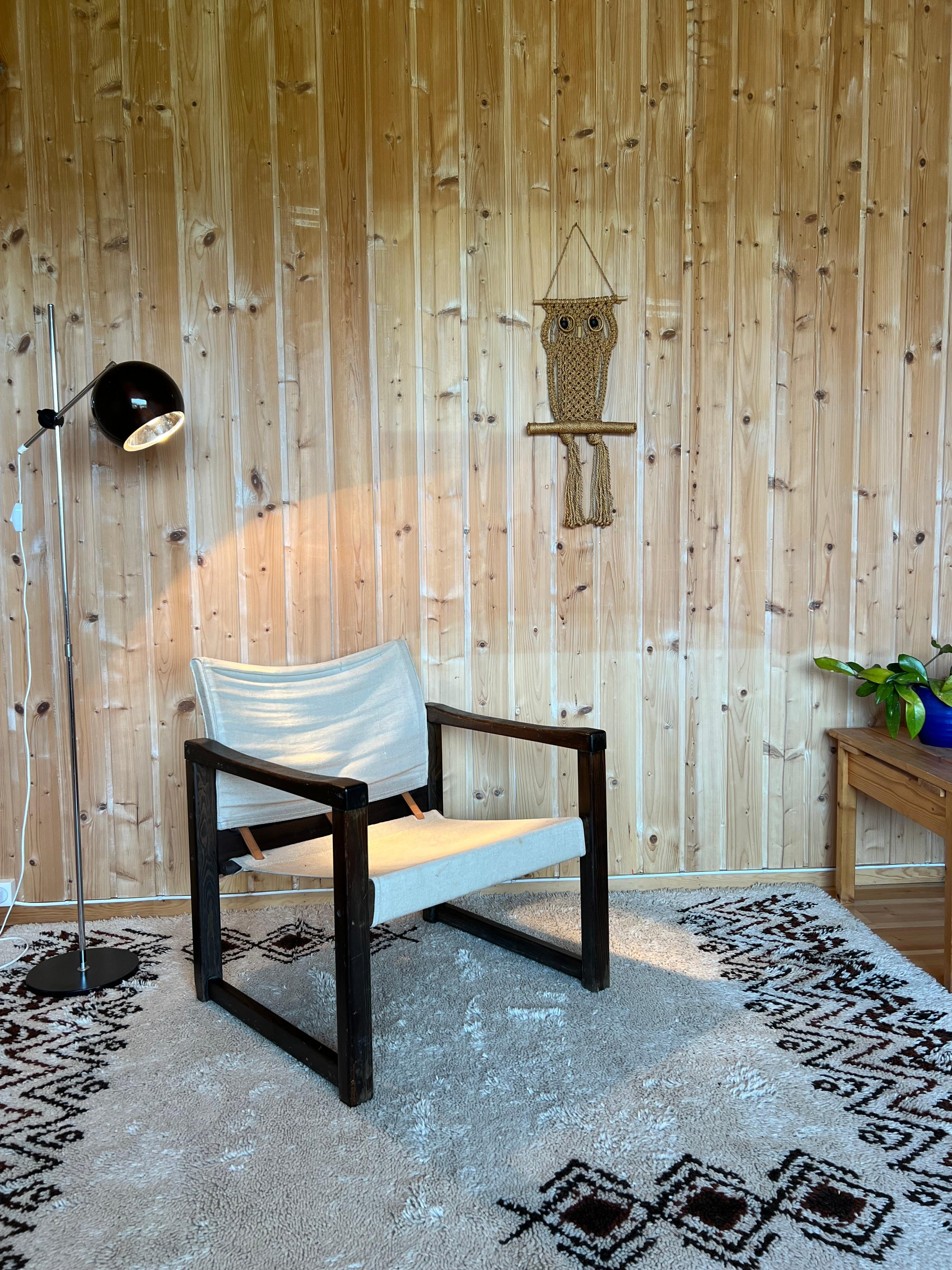 Ca. 1970s comfortable Chair / Lounge Chair / Vintage Armchair / Easy Chair by Karin Mobring

The chair is known for its generous size and excellent seating comfort. Its natural wood, canvas, leather and other natural materials make it a perfect