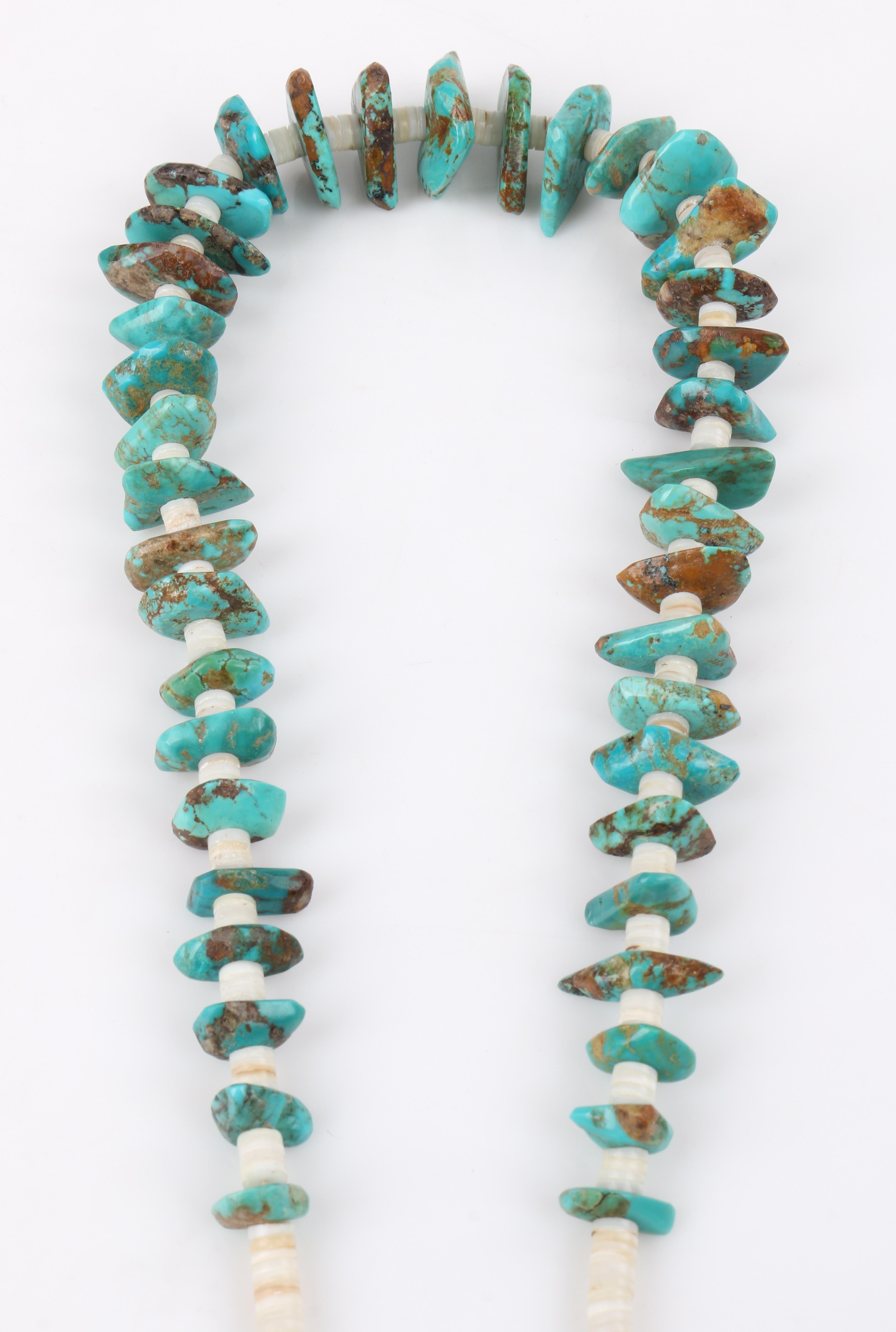 Rough Cut c.1970’s Navajo Turquoise Stone Ivory Pen Shell Heishi Bead Long Strand Necklace For Sale