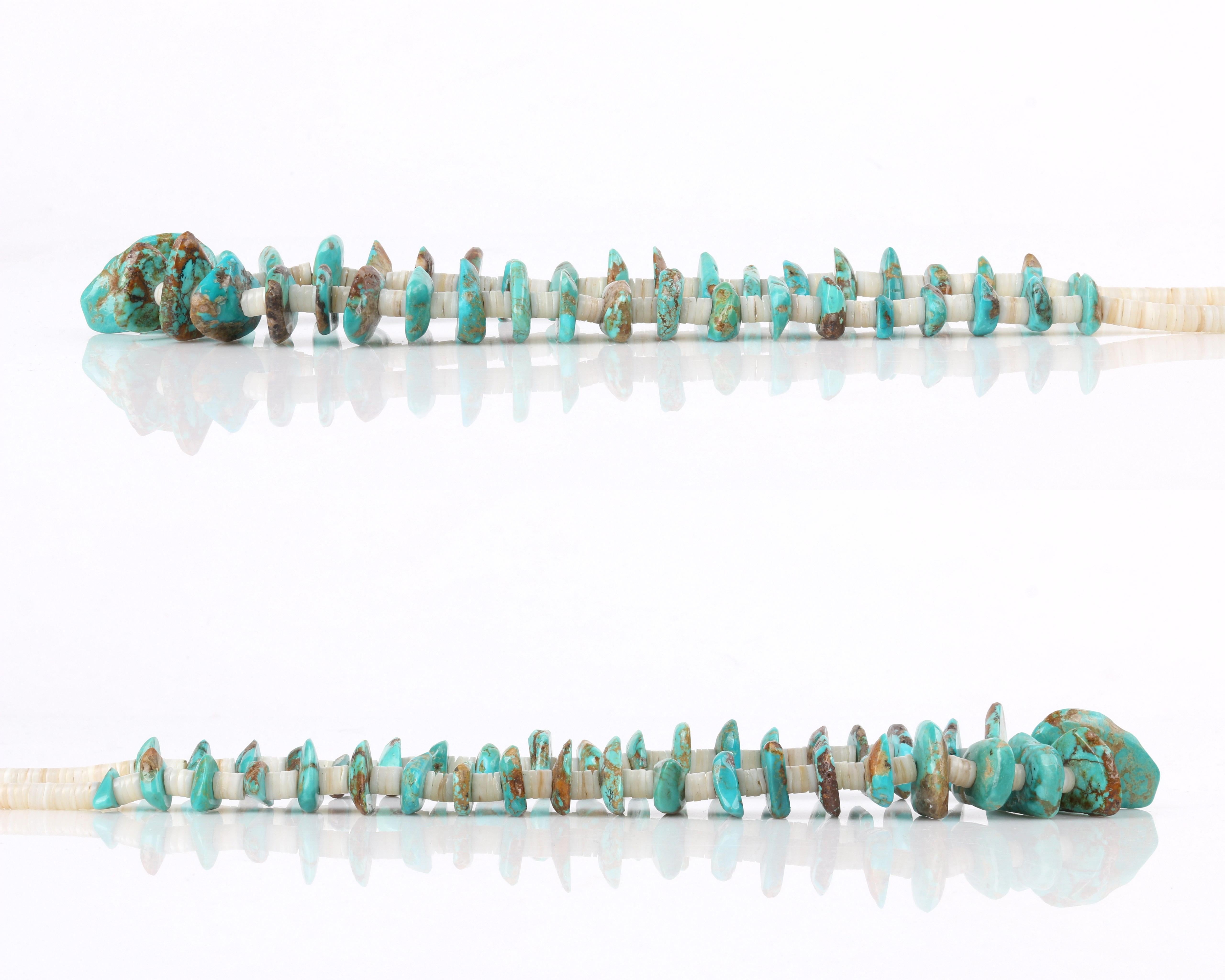 Collier long en perles Heishi à longue rangée de pierres turquoises Navajo et de coquillages ivoires (années 1970) en vente 3