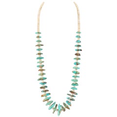 c.1970’s Navajo Turquoise Stone Ivory Pen Shell Heishi Bead Long Strand Necklace
