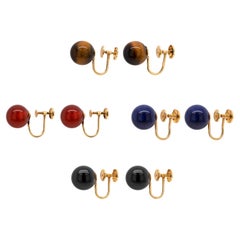 c.1970's Tiffany&Co. Onyx, Tiger Eye, Carnelian & Lapis Lazuli 14K Gold Earrings