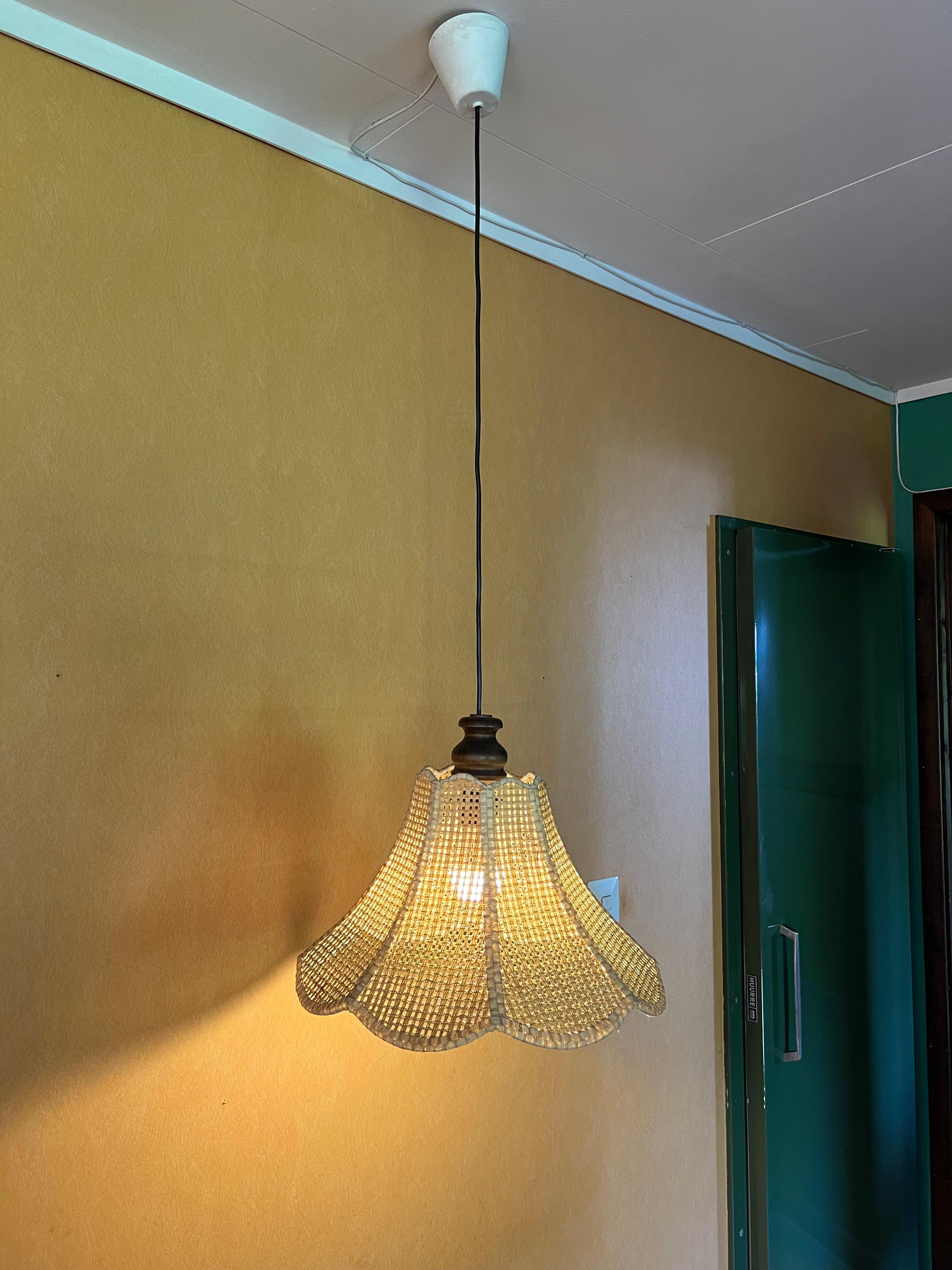 Swedish c.1970s Wicker Rattan Swag Lamp, Vintage Scandinavian Design Mid-century Modern For Sale