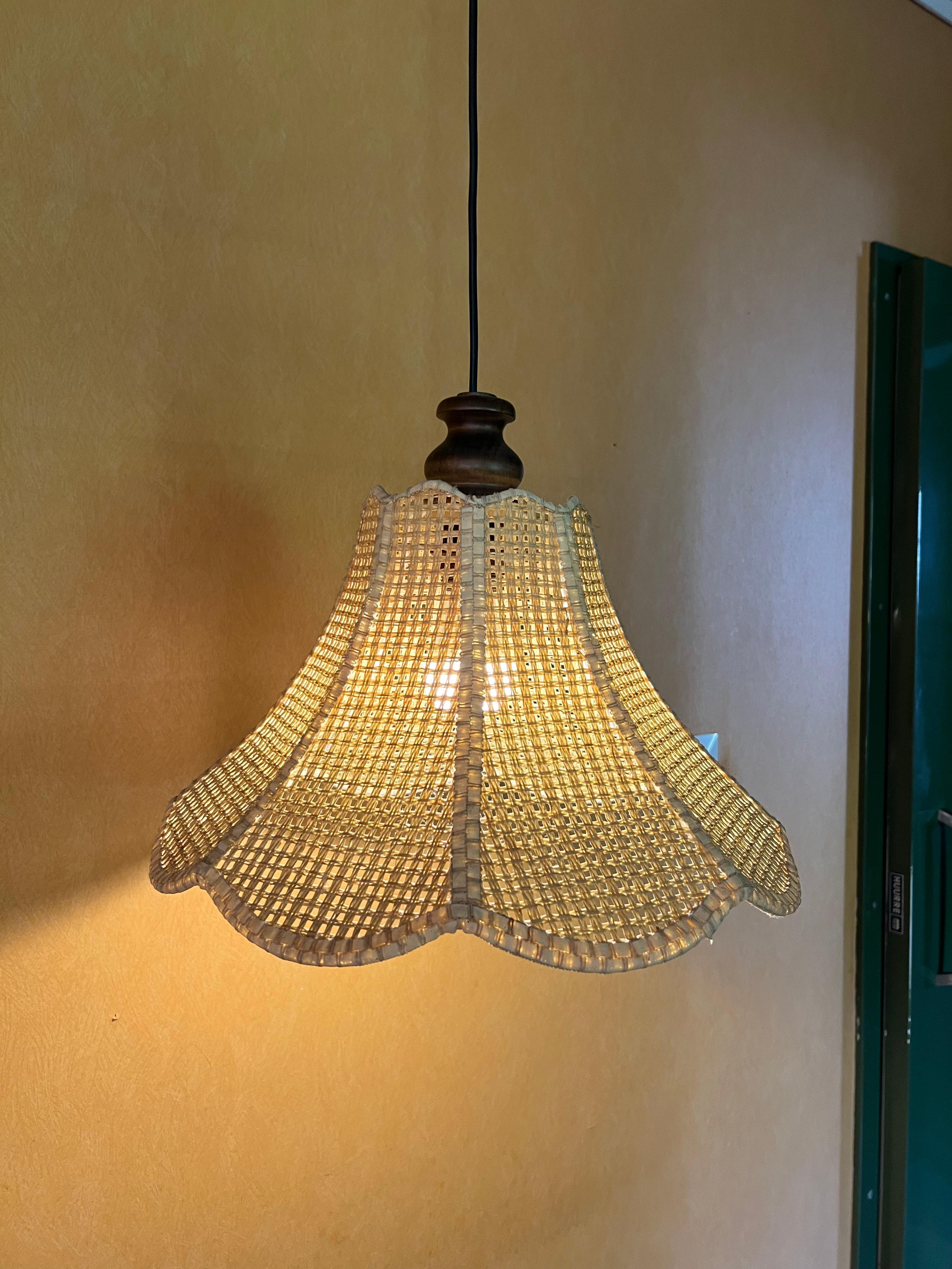 c.1970s Wicker Rattan Swag Lamp, Vintage Scandinavian Design Mid-century Modern In Good Condition For Sale In Skien, NO