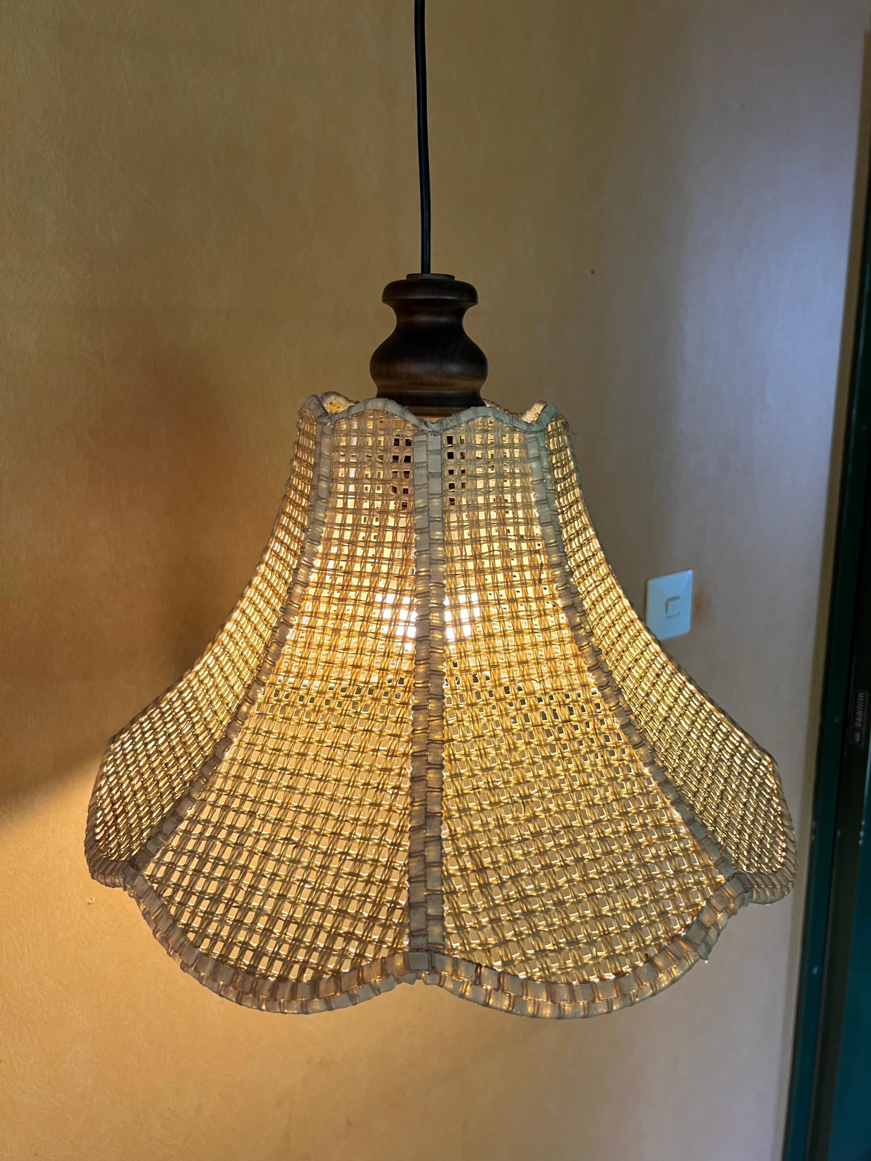 Late 20th Century c.1970s Wicker Rattan Swag Lamp, Vintage Scandinavian Design Mid-century Modern For Sale