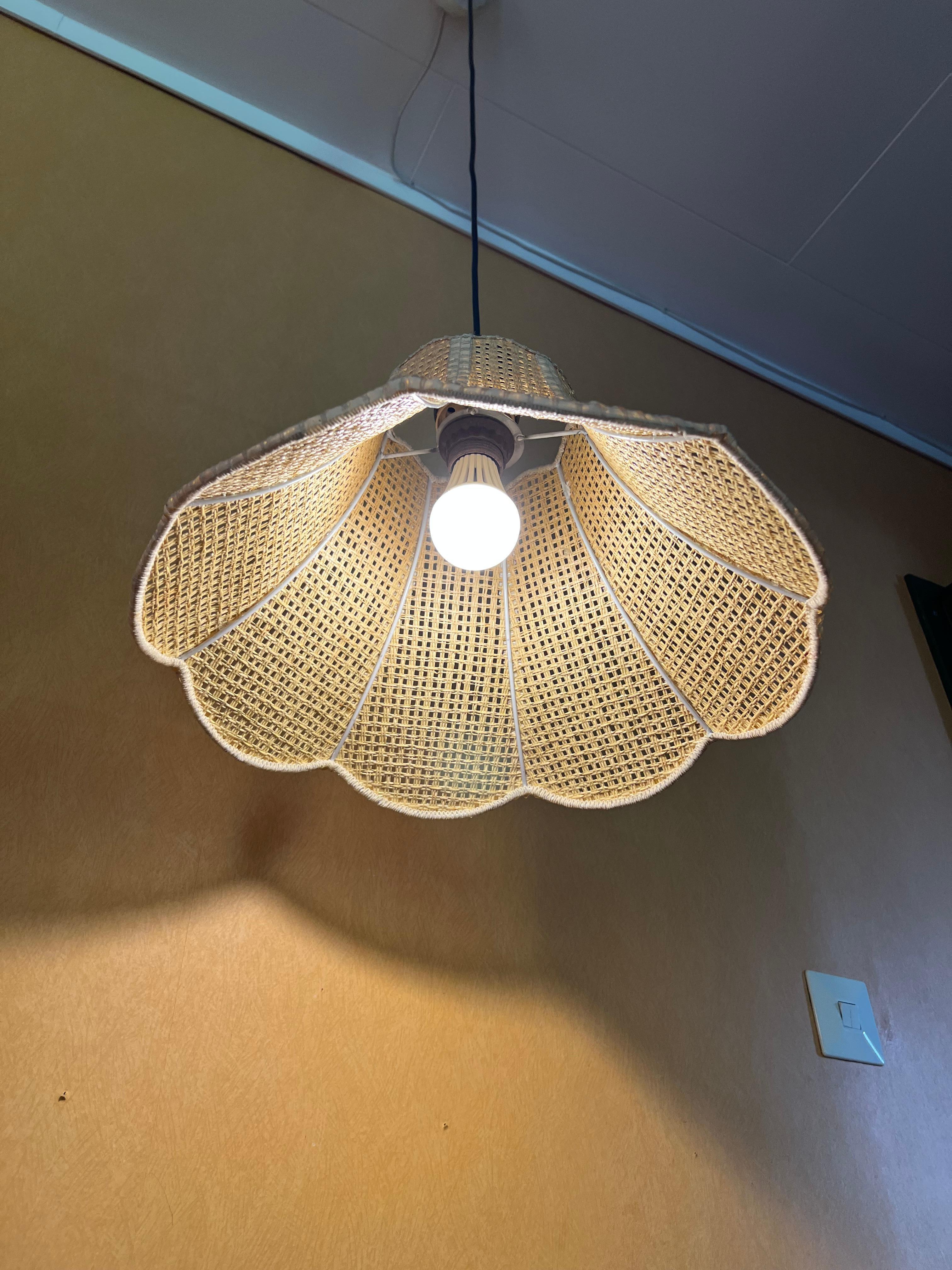 Metal c.1970s Wicker Rattan Swag Lamp, Vintage Scandinavian Design Mid-century Modern For Sale