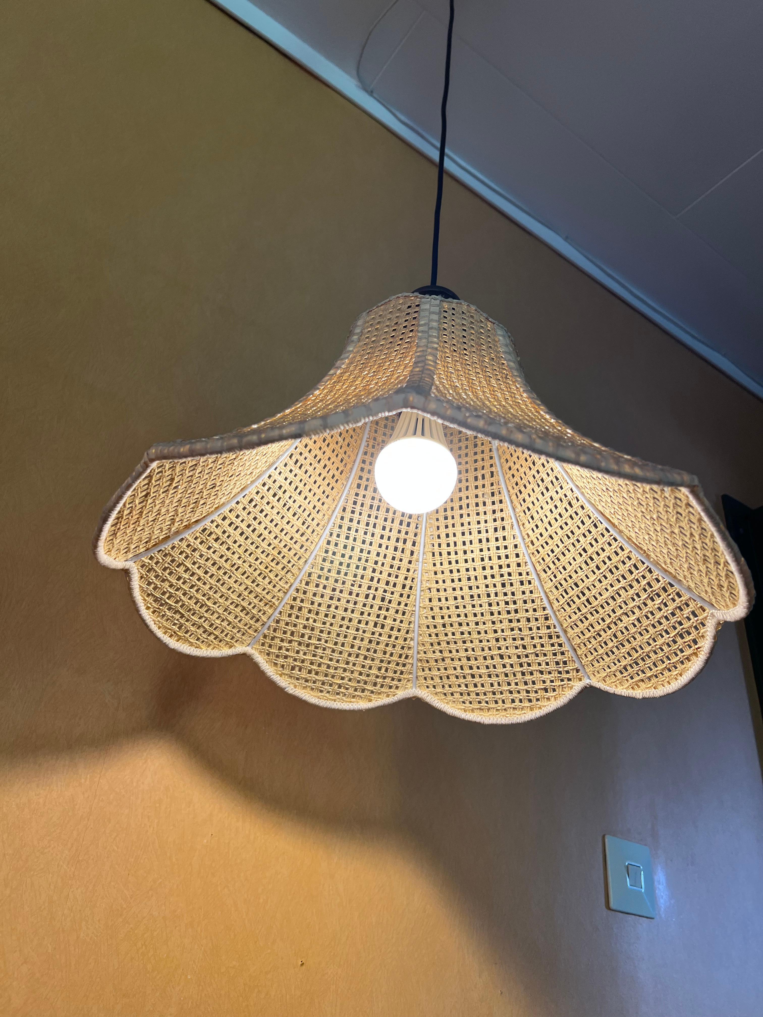 c.1970s Wicker Rattan Swag Lamp, Vintage Scandinavian Design Mid-century Modern For Sale 1