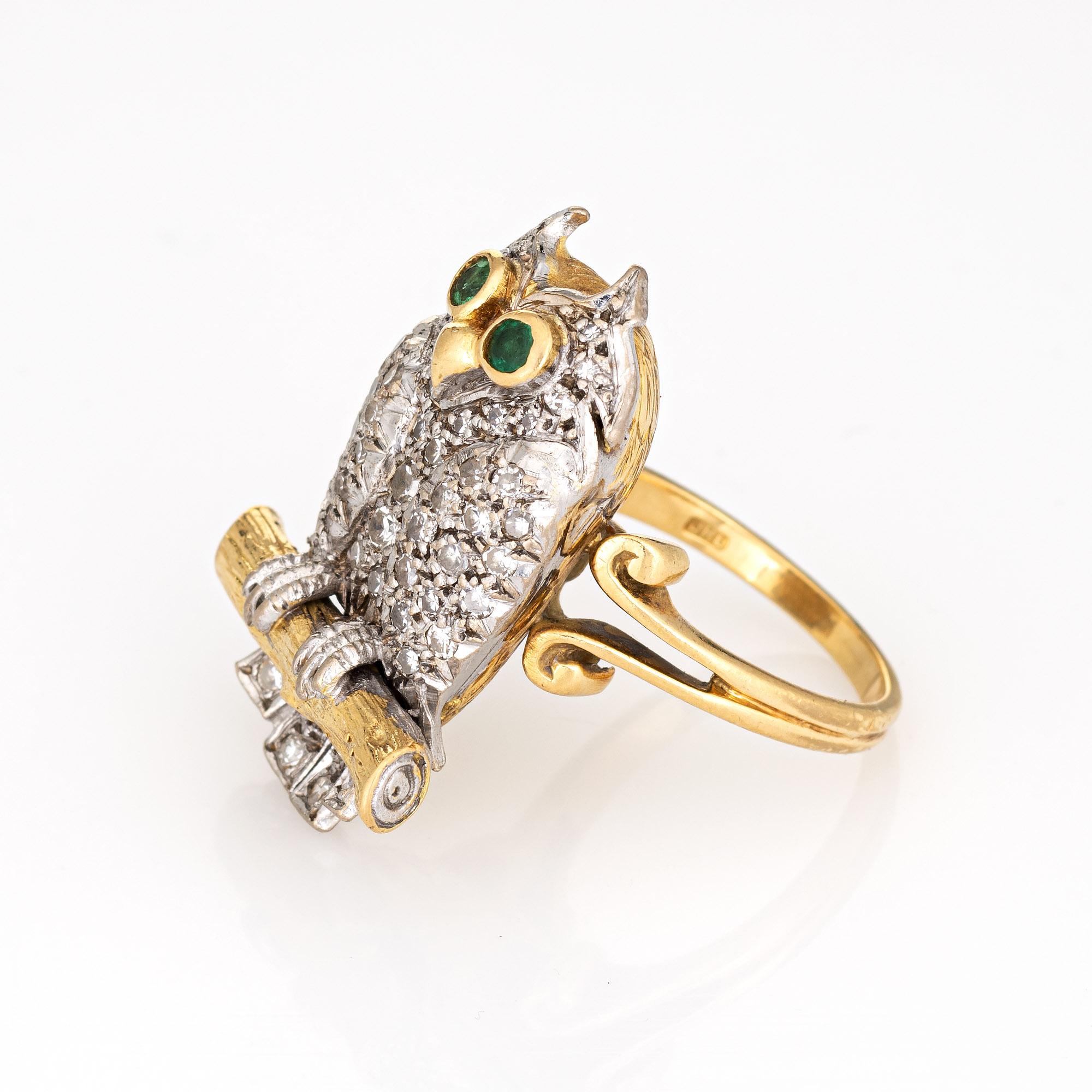 Modern c1975 Vintage Owl Ring 18k Yellow Gold Diamond Emerald Eyes Fine Jewelry