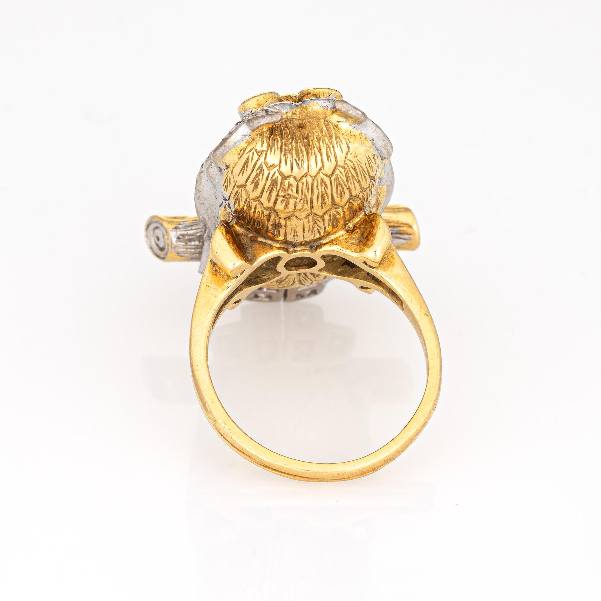 Round Cut c1975 Vintage Owl Ring 18k Yellow Gold Diamond Emerald Eyes Fine Jewelry