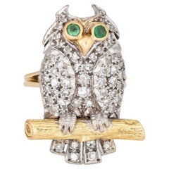 c1975 Vintage Owl Ring 18k Yellow Gold Diamond Emerald Eyes Fine Jewelry