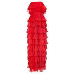 c.1977 Valentino Strapless Silk Chiffon Red Ruffle Full Length Dress