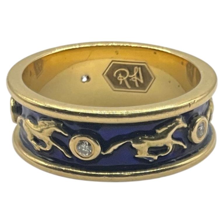 C1980 18K Blue Enamel Band Ring w Raised Gold Galloping Horses & Diamonds