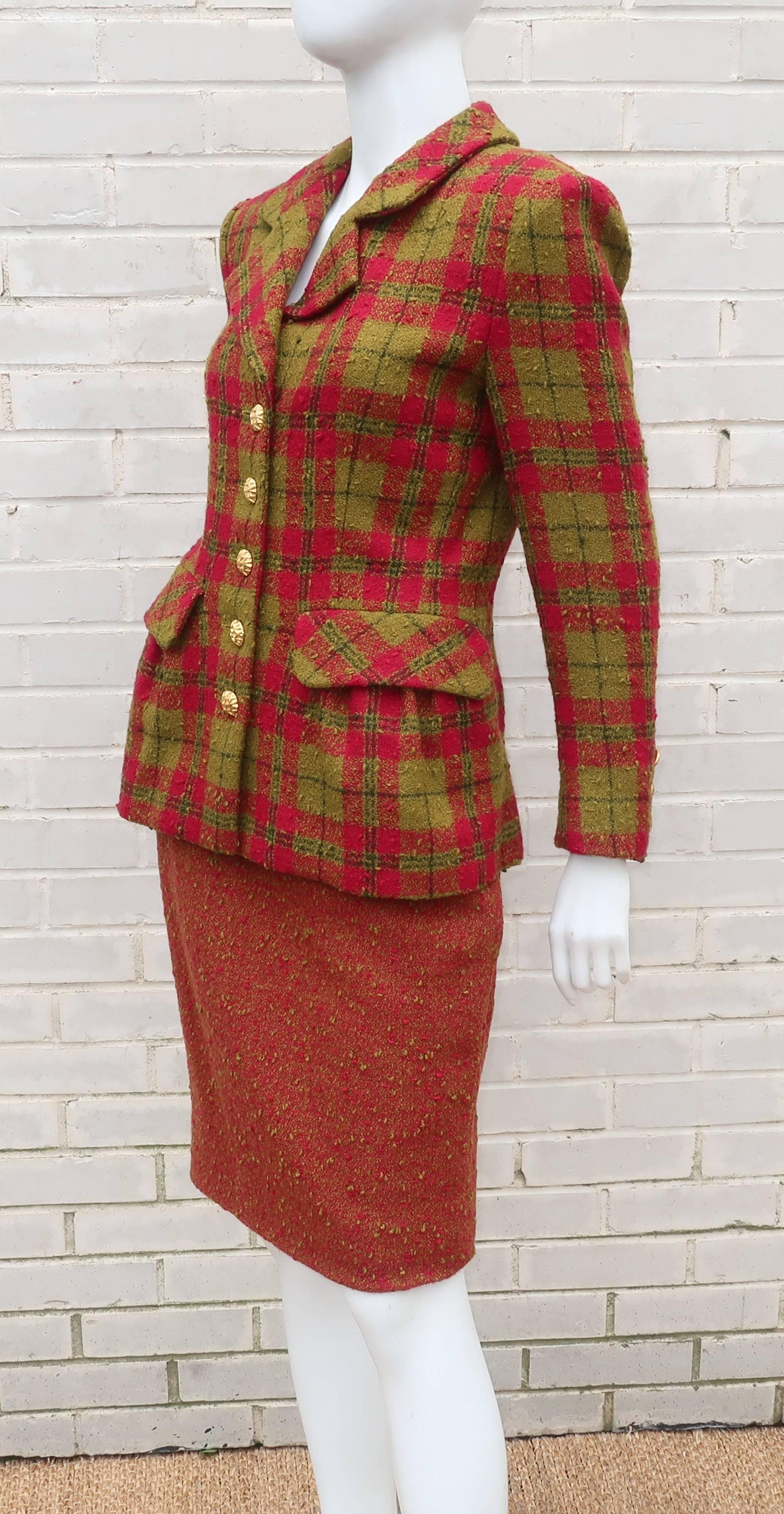 Women's C.1980 Adolfo For Saks Fifth Avenue Plaid Boucle Skirt Suit