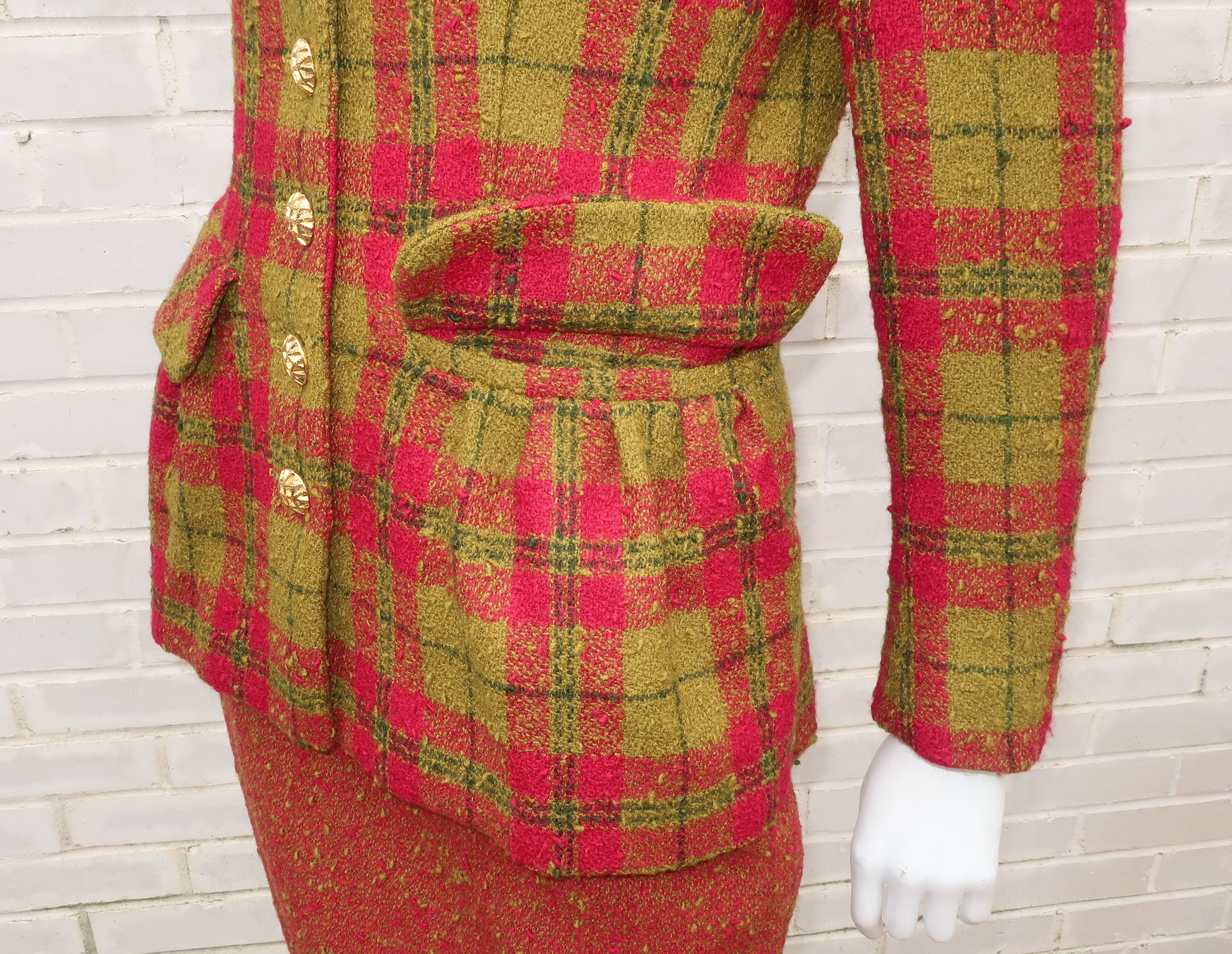 C.1980 Adolfo For Saks Fifth Avenue Plaid Boucle Skirt Suit 1