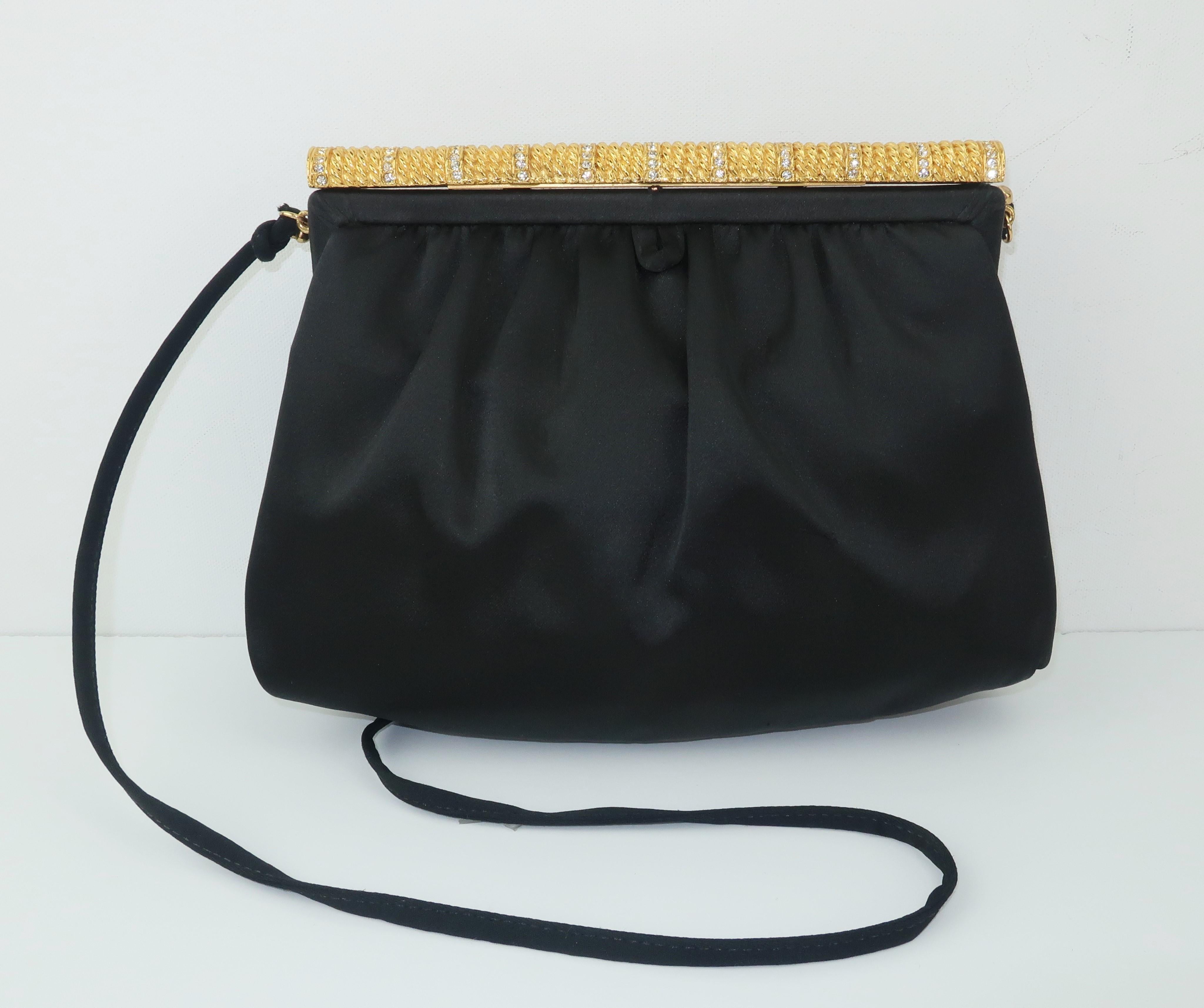C.1980 Givenchy Black Satin Evening Handbag With Rhinestone Closure In Good Condition In Atlanta, GA