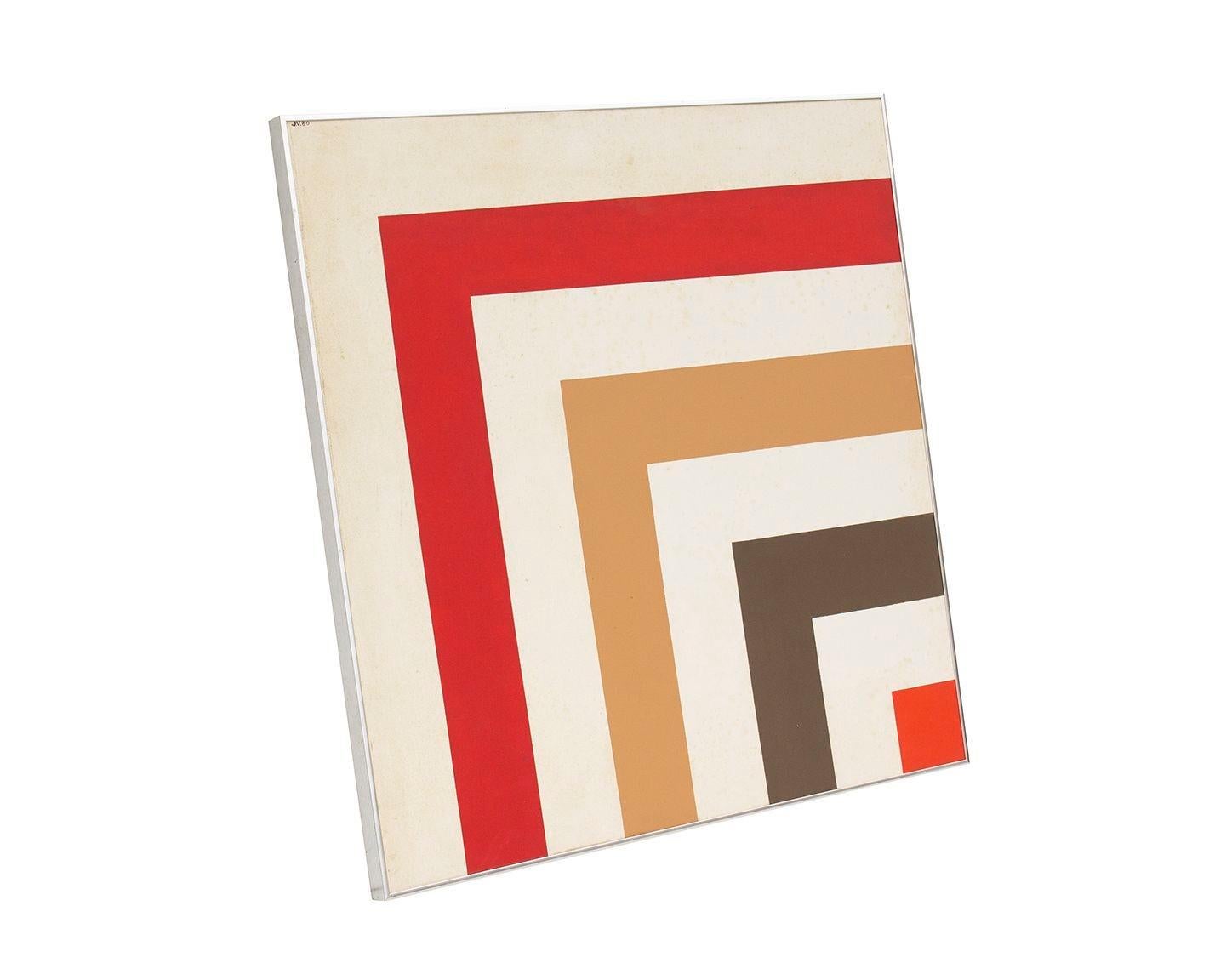 USA, 1980
Vintage hard edge abstract acrylic painting signed J.V. '80. Fun geometric style in red, caramel, and dark brown on a cream background, framed in silver. The mount is currently at one corner- if hung with current mount, it would hang