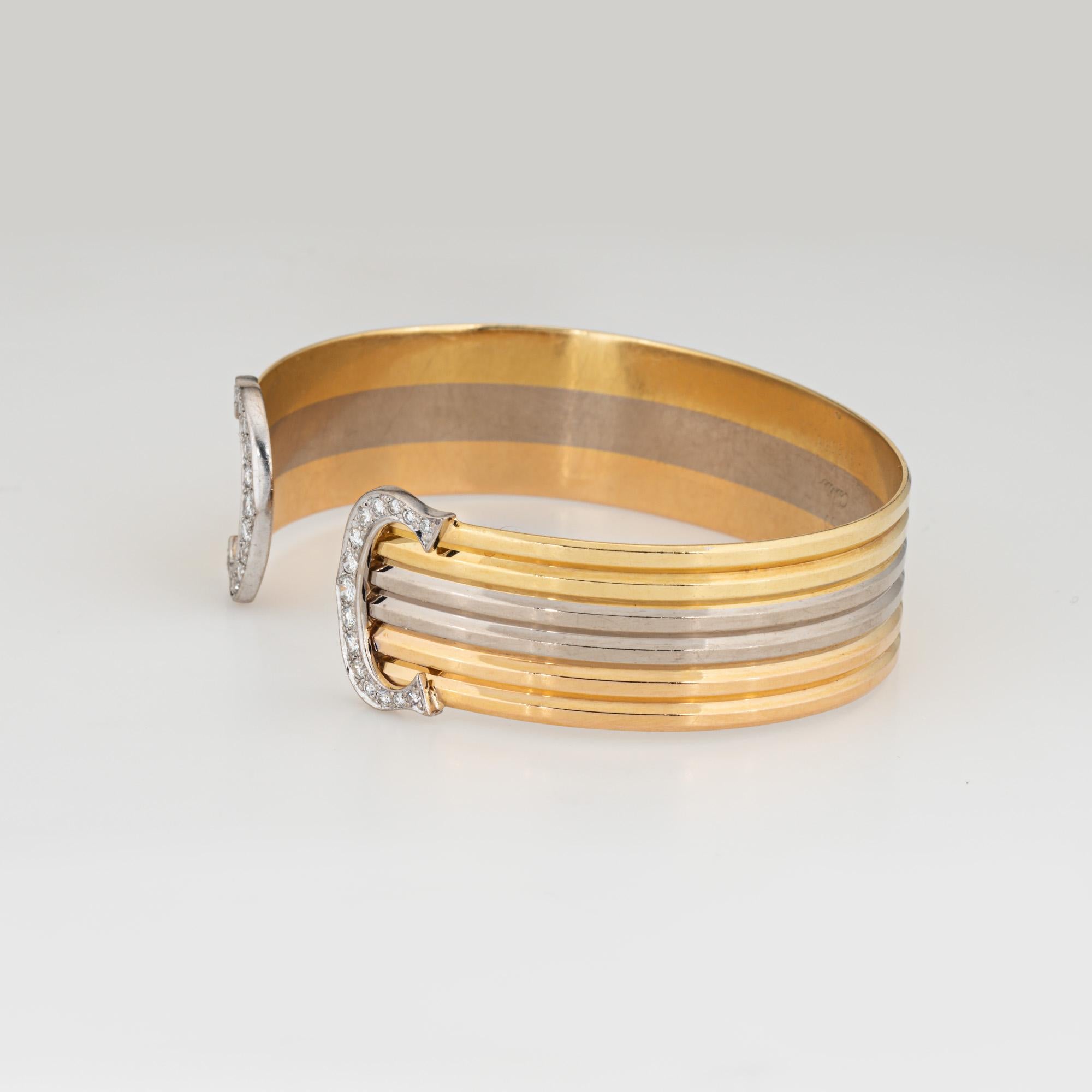 Modern c1980s Cartier Double C Diamond Bracelet 18k Tri Gold Cuff Vintage Fine Jewelry For Sale